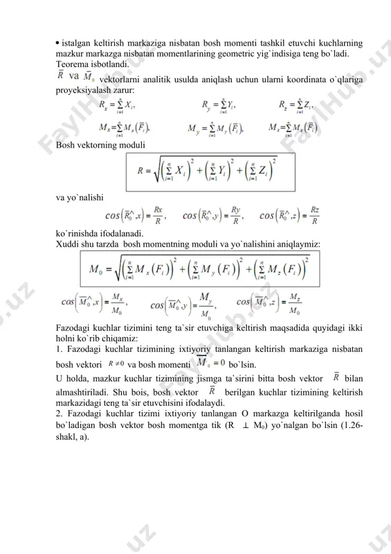 vozanat tenglamalari quyidagicha (1.13-shakl va 1.12 formulaga qarang): 2.parallel kuchlar tizimi (1.27-shakl). chizmadan ko`rinib turibdiki, kuchlarning ta`siri oy o`qiga parallel bo`lganligi sababli ularning ox o`qlardagi proyeksiyalari nolga teng bo`ladi. shu bois muvozanat shartlari quyidagicha yoziladi: demak, bir tekislikda joylashgan parallel kuchlar tizimi ta`siridagi erkin jism muvozanatda bo`lgani uchun kuchlarning o`zlariga parallel bo`lgan o`qdagi proyeksiyalarining yig`indisi va mazkur kuchlar yotgan tekislikda ixtiyoriy b nuqtaga nisbatan momentlarning yig`indisi nolga teng bo`lishi zarur va yetarlidir. 3. tekislikdagi ixtiyoriy kuchlar tizimi (1.28-shakl). bu kuchlar oz o`qqa perpendikular tekislikda yotganligi bois, ularning mazkur o`qdagi proyeksiyalari nolga tengdir. natijada, (1.28) ning uchinchisi, (1.29)ning birinchi va ikkinchilari ayniyatga aylanadi. barcha kuchlar xoy tekislikda yotganligi sababli ularning oz o`qqa nisbatan momentlari koordinatalar boshi 0 ga nisbatan momentlarning algebraic qiymatiga teng bo`lib qoladi. tekshirilayotgan hol uchun muvozanat shartlari quyidagi ko`rinishga ega: shunday qilib, tekislikdagi kuchlar tizimi ta`siridagi erkin jism muvozanatda bo`lishi uchun kuchlarning koordinata o`qlaridagi proyeksiyalarining yig`indisi va kuchlarning …