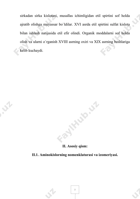 i. 4. aldegidlar va ketonlardan olish. bu reaksiya aldegidlar va ketonlarning sianid kislota aralashmasiga ammiak tasir ettirib olinadi. r-cho + nh3 → r-ch=nh2 + h2o hosil bo’lgan maxsulotga sianid kislota tasir ettirilsa aminonitrillar olinadi. r-ch=nh2 + hcn → r-ch(nh2)-cn hosil bo’lgan maxsulot gidroliz qilib alfa aminokislotalar olinadi. r-ch(nh2)-cn + h2o → r-ch(nh2)-cooh + nh3 ketonlarda ham huddi shunday sodir bo’ladi. (r)2c=o + nh3 → (r)2c=nh + h2o (r)c=nh + hcn → (r)2c(nh2)-cn (r)2c(nh2)-cn + h2o → (r)2c(nh2)-cooh + nh3 5. nitrokislotalar va oksimlarni qaytarib olish 6. aldegido va ketokislotalarni ammiak ishtirokida katalitik qaytarib olish. ch3-co-cooh + nh3 → [ch3-c(nh)-cooh] + h2 → ch3-ch(nh2)-cooh 7. v.m.rodionov usuli bo’yicha malon kislotadan olish. bunda betta aminokislotalar olinadi. r-cho + ch2(cooh)2 + nh3 → r-ch(nh2)-ch2-cooh + co2 + h2o ii. 3. aminokislotalarning xossalar. fizik xossalari. α-aminokislotalar rangsiz kristal moddalardir. ko’pchiligi suvda yaxshi eriydi, aminokislotalar ko’pincha shirin tamga ega, lekin noxush tamli va achchiq tamli …