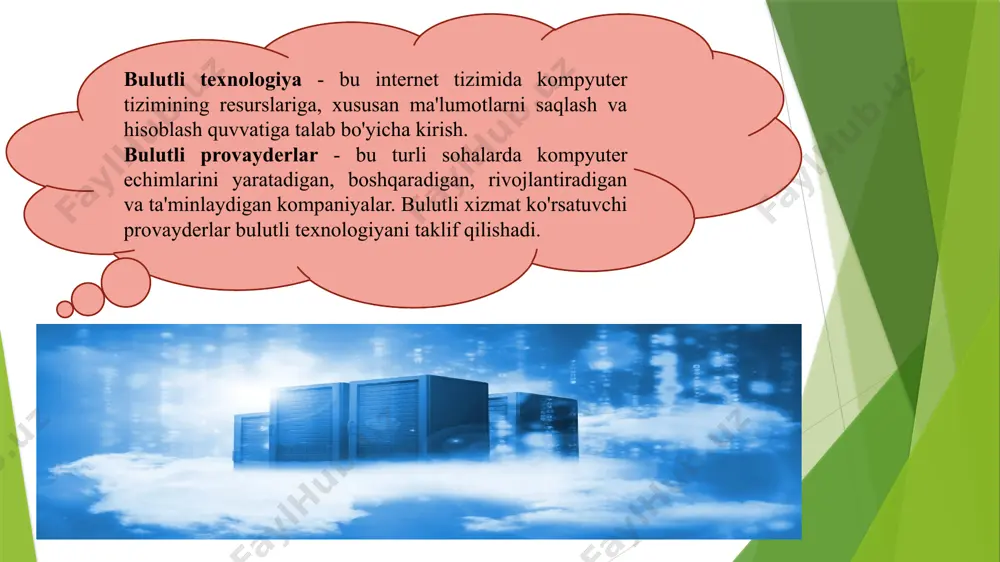 n ma'lumotlar miqdorida cheklovlarga ega emas. aksariyat hollarda bunday xizmatlar hajmi millionlab gigabaytni tashkil qiladi. yangi bulutli texnologiyalar sizga har doim hujjatlarga kirish huquqini beradi, asosiysi internetning mavjudligi v.h.k. bulut texnologiyalarning noqulayliklari va kamchiliklari internet mavjud bo'lmaganda kirish imkoni bo’lmaydi va agar u bo'lmasa, unda faqat kompyuterga yuklab olingan hujjatlar bilan ishlash mumkin bo'ladi. ta'kidlash joizki, internet tez va sifatli bo'lishi kerak. o'rnatilgan dasturga qaraganda katta hajmdagi ma'lumotlarni uzatishda bulut xizmati asta-sekin ishlashi mumkin. xavfsizlik kamdan-kam hollarda qoniqarsiz bo’lishi mumkin. “bulut” zaxira nusxalarini yaratadi, shuning uchun tashvishlanishga hojat yo'q. bulutli hisoblashning asosiy xususiyatlari bu kattaligik o’zgaruvchanligi va virtuallashuvi. kattaligik o’zgaruvchanligi - bu axborot resurslarining o'zgaruvchan yukiga qarab dinamik ravishda sozlash qobiliyati , masalan, foydalanuvchilar sonini ko'paytirish yoki kamaytirish, malumotlar omborlari yoki hisoblash quvvatining zarur hajmini o'zgartirish. virtuallashuv asosan abstraksiya va inkapsulyatsiyani ta'minlash uchun ishlatiladi (foydalanuvchi uchun qulay interfeysni ta'minlaydigan va shu bilan birga uni amalga oshirishning murakkabligini batafsil yashiradigan tizimni …