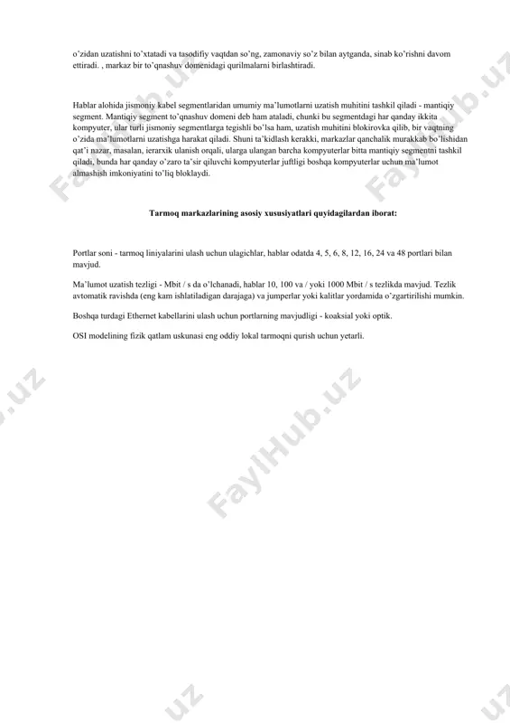 ng uchun, har qanday holatda, sizning tarmog’ingiz gigabit kalitlari va tarmoq kartalari bilan ishlaydi, lekin siz to’lagan pul uchun yuqori tezlikka erisha olmaysiz. arzon konnektorlardan foydalanmang havaskor tarmoqchilar uchun yana bir muammo - yomon siqish va arzon devor rozetkalari. ular impedansning mos kelmasligiga olib keladi, natijada qaytish yo’qoladi va natijada tarmoqli kengligi kamayadi. albatta, siz sababni "boshqa qarab" izlashga urinib ko’rishingiz mumkin, lekin siz hali ham qaytish yo’qotilishi va o’zaro aloqani aniqlay oladigan tarmoq testerini olganingiz ma’qul. yoki past tezlikka chidab turing. uzunlik va topologiya cheklovlari 1000baset 10/100baset kabi maksimal segment uzunligi bilan cheklangan. shunday qilib, tarmoqning maksimal diametri 100 metrni tashkil qiladi (bir kompyuterdan ikkinchisiga bitta kalit orqali). 1000baset topologiyasiga kelsak, 100baset bilan bir xil qoidalar qo’llaniladi, bundan tashqari har bir tarmoq segmentiga faqat bitta repetitor (yoki aniqrog’i, bitta "yarim dupleks to’qnashuv domeni") ruxsat etiladi. ammo gigabit ethernet yarim dupleksni qo’llab-quvvatlamagani uchun oxirgi talabni unutishingiz mumkin. umuman olganda, agar …