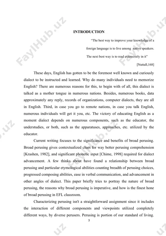 iate the meaning of the communicative approach as awhole of informations of extended reading to young learners. the object of the course paper is a speech act as a educational action that learners perform by learning things in a certain way in a certain context. the subject of the course paper is importance of extended reading in efl classes theoretical value for this work is methodological course paper on the work of extended reading in efl classes practical value of this paper is determined by the fact that the developed material and proper tasks and exercises make available the use of this work as a manual in extended reading the paper consists of introduction and two chapters followed by conclusion. the first chapter is about the scientific basis of the comprehension,development and modern technologies in foreign language the second chapter is about the ways of teaching and prepairing reading materials …