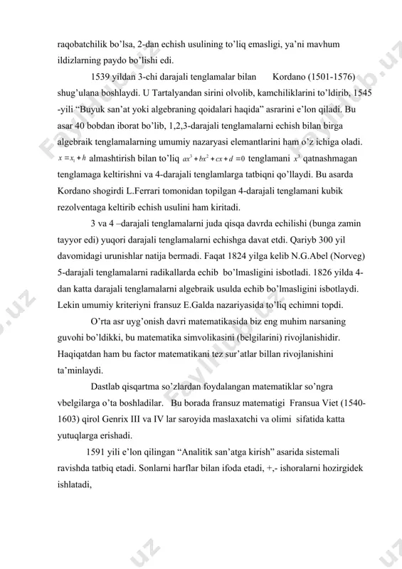 ematikani tez sur’atlar billan rivojlanishini ta’minlaydi. dastlab qisqartma so’zlardan foydalangan matematiklar so’ngra vbelgilarga o’ta boshladilar. bu borada fransuz matematigi fransua viet (1540-1603) qirol genrix iii va iv lar saroyida maslaxatchi va olimi sifatida katta yutuqlarga erishadi. 1591 yili e’lon qilingan “analitik san’atga kirish” asarida sistemali ravishda tatbiq etadi. sonlarni harflar bilan ifoda etadi, +,- ishoralarni hozirgidek ishlatadi, qisqartma va to’liq so’zlarni ishlatadi. viet algebrasi hali mukammal emas edi. o’lchovli miqdorlarni tushinish, daraja tushunchasi faqat natural bo’lgan, ildizni ishlatishdagi aniqmasliklar va . . . xvii asr oxiri va xviii asr boshlariga kelib, evro[pada savdo sotiqning rivojlanishi, yangidan-yangi mustamlakalarni egallanishi arifmetiklar va injenerlarni hazmatiga extiyoj kuchadi. bundan tashqari bu davrga kelib matematikaning amaliy extiyoji uchun , jumladan : trigronometrik funksiyalar jadvalini tuzish, ning xarakterini aniqlash, aniq mazmundagi tenglamalarni echishning usulini toppish va qulay algoritmlarini toppish va shu kabilarga zaruryat kuchaydi. bu sohada ishlagan olimlarni va ularning ishlagan ishlari bilan tanishaylik: 1. kopernik …