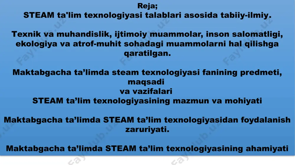 chilarning muloqot qilish, mas’uliyatni bo‘lishish va muammolarni birgalikda hal qilish ko‘nikmalarini rivojlantiradi. 7. natijaga yo‘naltirilgan baholash tizimi: an’anaviy baholash usullaridan tashqari, o‘quvchilarni loyihalar, tajribalar va ijodiy ishlanmalarga asoslangan natijalar orqali baholash. tabiiy-ilmiy fanlar bo‘yicha steam yondashuvi ta'lim jarayonini qiziqarli, maqsadli va samarali qiladi. shu orqali o‘quvchilar nafaqat ilmiy bilimlarni o‘zlashtiradi, balki ularni hayotda qo‘llashga tayyor bo‘ladi. steam ta'lim texnologiyasi texnik va muhandislik, ijtimoiy muammolar, inson salomatligi, ekologiya va atrof-muhit kabi sohalardagi muammolarni hal qilishga mo‘ljallangan. quyida ushbu yo‘nalishlarning har biri bo‘yicha batafsil ma'lumot keltirilgan: 1. texnik va muhandislik; muammolar;energiya manbalaridan foydalanish samaradorligini oshirish.avtomatlashtirilgan tizimlar va qurilmalar yaratish.chiqindilarni qayta ishlash va materiallarni takroran ishlatish. steam yechimlari; matematika va texnologiya: qurilmalar samaradorligini hisoblash va energiyani tejovchi tizimlarni loyihalash. muhandislik va san’at: estetik va funksional jihatlarga e'tibor qaratgan holda yangi qurilmalar loyihalash. loyihalar: 3d printer yordamida turli ehtiyot qismlar va uskunalarni yaratish, qayta tiklanuvchi energiya qurilmalari ishlab chiqish. 2. ijtimoiy muammolar muammolar; nogironlik …