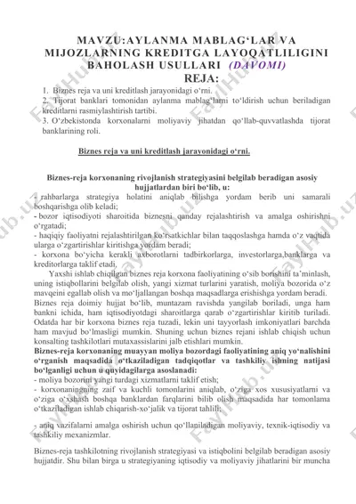 aylanma mablag‘lar va mijozlarning kreditga layoqatliligini baholash usullari — DOCX