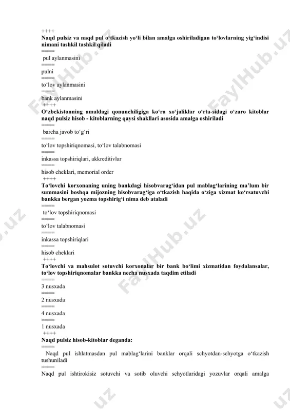 amalga оshiriladigan hisоb-kitоb tushuniladi ==== pul оbоrоtining asоsiy qismini tashkil qiluvchi pul aylanish shakli tushuniladi ==== “pul ko‘chirish” yoki “pul o‘tkazish” ma’nоsini bildiradi ++++ bank bu-? ==== bank hisobvaraqlarini ochish va yuritish, to‘lovlarni amalga oshirish, omonatlarga (depozitlarga) pul mablag‘larini jalb etish, o‘z nomidan kreditlar berish bo‘yicha bank faoliyati sifatida aniqlangan operatsiyalar majmuini amalga oshiruvchi tijorat tashkiloti bo‘lgan yuridik shaxs. ==== mamlakatning emission markazi, ya’ni banknotlar chiqarishning monopol huquqiga ega; ==== alohida moliya institutlarining xavfsizligi va mustahkamligiga ko'maklashadi va umuman moliyaviy tizimga ta'sirini nazorat qiladi ==== to‘gri javob yo‘q ++++ bank so‘zi qaysi tildan olingan? ==== fransuzcha ==== italyancha ==== inglizcha ==== lotincha ++++ birinchi mukammal bank qayerda vujudga kelgan? ==== germaniyada ==== fransiyada ==== italiyada ==== angliyada ++++ banklarni tartibga soluvchi qonun qaysi javobda to‘g‘ri keltirilgan? ==== o'zbekiston respublikasining markaziy banki to'g'risidagi qonunda ==== ozbekiston respublikasi konstitutsiyasida ==== banklar va bank faoliyati to'g'risidagi qonunda ==== oz`bekiston respublikasi fuqarolik kodeksida ++++ …