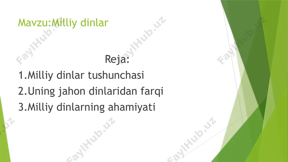 iteistik, yaʼni koʻp xudolik dinlari boʻlgan. masalan, qadimgi grek dini koʻp xudolikning oʻzginasidir. zevs-pantion (qadimgi grek tilida – bosh xudo) hisoblanib, bir ukasi dengiz xudosi, ikkinchi ukasi – yer osti podsholigining xudosi hisoblanar edi. shuningdek, muhabbat va goʻzallik maʼbudasi, urush xudosi xudosi, quyosh xudosi va sanʼat homiysi va boshqa yana bir qancha xudolar boʻlgan. quldorlik jamiyatidagi dastlabki milliy dinlarning oʻziga xos yana bir xususiyati oxirat toʻgʻrisidagi tasavvurning paydo boʻlishi va unga ishonishidir. ammo bu davrda bunday tasavvurlar hali toʻla shakillanmagan edi. ular keyingi davrlarda rivojlangan. bu davrda qurbonlik qilish keng rasm boʻlib hatto majburiy marosimlardan biri hisoblanar edi. xudolar yoʻlida meva-cheva, noz-neʼmatlardan tortib, uy hayvonlarining barcha turlarigacha, qadim zamonlarda esa hatto odamlar ham qurbon qilinar edi. milliy dinlar rivojlanishining soʻnggi davrlariga kelib odamlar oʻrniga hayvonlar qurbon qilina boshlagan. shu bilan birga oxirat haqidagi tasavvurlar keng targʻib qilinardi. milliy dinlar elat millat dinlari deb ham yuritiladi. chunki ular urugʻ-qabila dinlaridan farqli …