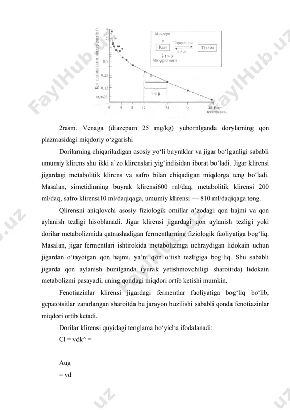 ning oldini olish uchun sekinlik bilan ajraladigan dori shakllari keng ishlatilmoqda. amaliyotda dorining «bir me’yor»dagi miqdorini (gss) — bir marta yuborilganda (quyidagi tenglama bilan ifodalash mumkin: css = fd kel.vdt konstanta eliminatsiya (kel.) o‘rniga dorining yarim chiqish vaqti (t’/2) olinganda tenglama quyidagi ko‘rinishga ega bo‘ladi: css = l,44f.p.t'/2 vdt bu yerda f — biologik o‘zlashtirilishi, t—vaqt oralig‘i. dorining biologik o‘zlashtirilishi og‘iz orqali dorining (f) — yuborilgan miqdoriga nisbatan qonga tushgan foizlardagi qismi. venaga yuborilganda dorining yoiologik o‘zlashtyrnlishi 100 foiz bo‘lsa, boshqa yo‘llar bilan yuborilganda turli sabablarga ko‘ra bu ko‘rsatkich 100 foizdan kam bo‘ladi. shu sababli amaliyotda dorining biologik o‘z^ lashtirilishi quyidagi tenglama bilan aniqlanadi; auc (mushakka yuborilgapda) u d (vbnaga) aug (vonaga) d (mushakka) (turli miqdorlarda yuborilganda) biologik o‘zlashtirilish va bioekvivalentlik tushunchalari tafovut qilinadi. bioekvivalentlik — solishtirma biologik o‘zlashtirilish. masalan, turli dori shakllari (tabletkalar, kapsulalar, eritmalar) ko‘rinishida chiqarilgan bir xil dori turli. biologik o‘zlashtirilishga ega, ya’ni biologik ekvivalent emas. dorining …