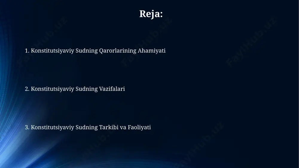 y sud a'zolari konstitutsiyaviy sud a'zolari o'zbekiston respublikasining fuqarolari bo'lishi, yurist bo'yicha oliy ma'lumotga ega bo'lishi va kamida 10 yillik tajribaga ega bo'lishi shart. sud a'zolarining vakolat muddati tugagandan so'ng, ular qayta saylanishlari mumkin, ammo bu jarayon qat'iy mezonlar va o'zbekiston respublikasining konstitutsiyasi talablariga muvofiq amalga oshiriladi. konstitutsiyaviy sud va boshqa davlat organlari konstitutsiyaviy sud qarorlari oliy sud tomonidan 15 kun ichida, huquqiy kuchga kirishi uchun, 12-moddada belgilangan tartibda qayta ko'rib chiqilishi mumkin. konstitutsiyaviy sud, qonun hujjatlarining konstitutsiyaga muvofiqligi bo'yicha 2023-yil holatiga ko'ra, 500 dan ortiq ishni ko'rib chiqdi va tegishli xulosalar chiqardi. konstitutsiyaviy sudning vakolatlari konstitutsiyaviy sud o‘zbekiston respublikasining 1992-yilgi konstitutsiyasiga muvofiq, qonunlarning konstitutsiyaga muvofiqligini tekshiruvchi 15 nafar sudyadan iborat. konstitutsiyaviy sudning vakolatlariga qonunlarning bekor qilinishi, shuningdek, prezident farmonlari va boshqa normativ-huquqiy hujjatlarning 5 yildan ortiq muddatga qayta ko‘rib chiqilishi kiradi. konstitutsiyaviy sud nima? konstitutsiyaviy sudning faoliyati oʻzbekiston respublikasining "konstitutsiyaviy sud toʻgʻrisida"gi qonuni bilan tartibga solinadi va u 15 …