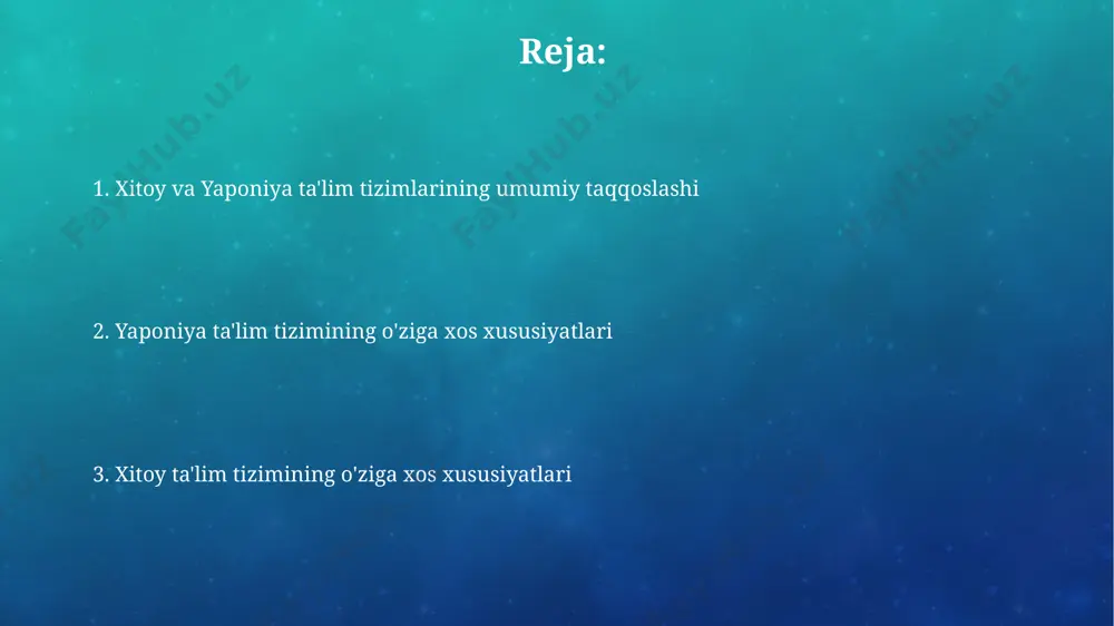 rsitetga kirish imtihonlari tizimiga qaraganda ancha qattiqroq hisoblanadi, bu esa kyoto va pekin kabi yirik shaharlarda raqobatni yanada kuchaytiradi. ta'lim tizimlarining ijobiy va salbiy tomonlari ikkala mamlakatning ham ta'lim tizimlari intizomlilik va akademik muvaffaqiyatga urg'u beradi, lekin bu talabalarning ruhiy salomatligi va shaxsiy rivojlanishiga 10% dan kamroq e'tibor berilishiga olib keladi. xitoyning ta'lim tizimi yuqori ballar va raqobatbardoshlikka ega, ammo 2000 yildan keyin talabalarning ijodkorlik va mustaqil fikrlash qobiliyatlariga etarli e'tibor berilmayapti, ayniqsa, shanxay kabi yirik shaharlarda. e'tiboringiz uchun rahmat @taqdimot_robot image3.png image4.jpg image5.jpg image6.jpg image7.jpg image8.jpg
