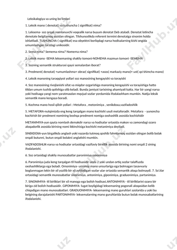 a nima? semema nima? nomema nima? 2. leksik mano -sema leksemaning shakliy tomoni-nomema mazmun tomoni -semema 3. sozning semantik strukturasi qaysi semalardan iborat? 3. predment( denotat) +umumlashma+ obraz( signifikat) +asos( markaziy mano)+ ust( qo'shimcha mano) 4. leksik manoning taraqqiyot yollari soz manosining kengayishi va torayishi 4. soz manosining rivojlanishi sifat va miqdor ozgarishiga manoning kengayishi va torayishiga hatto tildan umum tushib qolishiga olib keladi. bunda jamiyat tarixining ahamiyati katta. har bir yangi narsa yoki hodisaga yangi nom yaratmasdan mqvjud sozlar yordamida ifodalashham mumkin. natija leksik semantik mano kengaya boradi. 5. kochma mano hosil qilish yollari : metafora , metonimiya , senikdoxa,vazifadoshlik 5. metafora-nutqimizda eng keng tarqalgan mano kochishi usuli metaforadir. metafora - yunoncha kochirish bir predment nomining boshqa predment nomiga oxshashlik asosida kochishidir metanimiya-yun qayta nomlash demakdir narsa va hodisalar ortasida makon va zamondagi ozaro aloqadorlik asosida birining nomi ikkinchisiga kochishi metanimiya deyiladi. sinekdoxa-yun birgalikda anglash yoki nazarda tutmoq qoshib …
