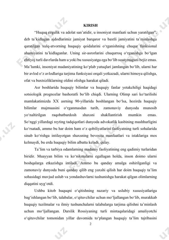 iy bilimlar majmuasini o‘rganmasdan turib, zamonaviy dunyoda munosib yo‘naltirilgan raqobatbardosh shaxsni shakllantirish mumkin emas. so‘nggi yillardagi reyting tadqiqotlari dunyoda advokatlik kasbining mashhurligini ko‘rsatadi, ammo bu har doim ham o‘z qobiliyatlarini faoliyatning turli sohalarida sinab ko‘rishga intilayotgan shaxsning bevosita manfaatlari va istaklariga mos kelmaydi, bu erda huquqiy bilim albatta keladi. qulay. ta’lim va tarbiya odamlarning madaniy faoliyatining eng qadimiy turlaridan biridir. muayyan bilim va ko‘nikmalarni egallagan holda, inson doimo ularni boshqalarga etkazishga intiladi. ammo bu qanday amalga oshirilganligi va zamonaviy dunyoda buni qanday qilib eng yaxshi qilish har doim huquqiy ta’lim sohasidagi mavjud uslub va yondashuvlarni tushunishga harakat qilgan olimlarning diqqatini uyg‘otdi. ushbu kitob huquqni o‘qitishning nazariy va uslubiy xususiyatlariga bag‘ishlangan bo‘lib, talabalar, o‘qituvchilar uchun mo‘ljallangan bo‘lib, murakkab huquqiy tuzilmalar va ilmiy tushunchalarni talabalarga tarjima qilishni ta’minlash uchun mo‘ljallangan. darslik rossiyaning turli mintaqalaridagi amaliyotchi o‘qituvchilar tomonidan yillar davomida to‘plangan huquqiy ta’lim tajribasini tizimlashtiradi. ba’zan bir-biridan juda farq qiluvchi turli xil mualliflik …