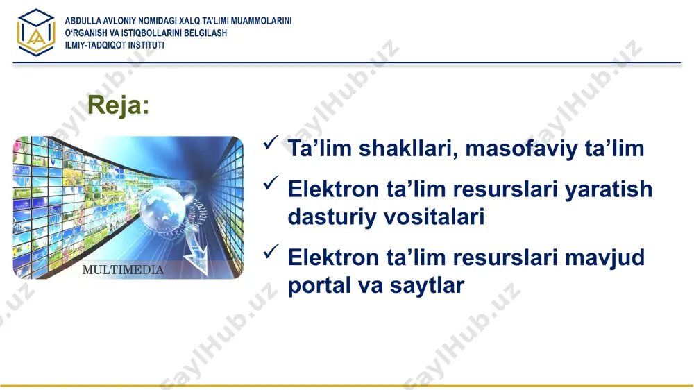 sme.com multimediiya yaratish tizimi canva.com multimediya yaratish taqdimotlar tayyorlashda qo‘llaniladigan vositalar komputer ekranini yozish orqali video rolik yaratish snageit komputer ekranini yozish orqali video rolik yaratish fcapture to’g’ridan to’g’ri video roliklar yozish youtube.com video roliklar yaratish va tahrirlash camtasia studio taqdimot orqali video rolik tayyorlash dasturi presentation tube video roliklar yaratish dasturi bandicam video roliklar tayyorlash vositalari multimediya yaratish topshiriqlar tayyorlash uchun mo‘ljallangan pedagogik dasturiy vositalar 01 02 03 04 hotpotatoes test topshiriqlari va krosvordlar tayyorlash dasturi ispring dasturi test topshiriqlarini 14 shaklida yaratish mumkin quizy maker test topshiriqlarini tayyorlash dasturi onlinetestpad onlinetestpad.com – masofaviy ta’lim va topshiriqlarni tayyorlash tizimi multimediya yaratish joinmyquiz joinmyquiz.com – onlayn topshiriqlarni tayyorlash tizimi respublika ta’lim markazi a.avloniy nomidagi ilmiy-tatqiqot instituti zamonaviy darsliklar elektron ta’lim resurslari qr – inglizcha “quick response” so‘zlaridan olingan bo‘lib, “tezkor javob” (быстрый отклик) ma’nosini beradi elektron ta’lim resurslari darsliklarning elektron shakllari, taqdimotlar, videodarslar, o‘qituvchi metodik kitoblari mavjud sayt elektron ta’lim …