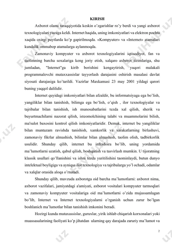orot vositalari kompyuter tarmoqlari va zamonaviy kompyuter vositalariga oid ma’lumotlarni o’zida mujassamlagan bo’lib, internet va internet texnologiyalarni o’rganish uchun zarur bo’lgan boshlanich ma’lumotlar bilan tanishish imkonini beradi. hozirgi kunda mutaxassislar, guruxlar, yirik ishlab chiqarish korxonalari yoki muassasalarining faoliyati ko’p jihatdan ularning qay darajada zaruriy ma’lumot va axborotlar bilan to’la taominlanganligiga, xamda ushbu ma’lumotlardan qay darajada samarali foydalana olayotganliklariga boliq bo’lib qolmoqda. avvalo bir echimga kelishdan, qaror qilishdan oldin ushbu masalaga (soxaga) aloqador bo’lgan juda ko’plab ma’lumotlarni to’plash, ularni qayta ishlash va tahlil qilish zarur bo’ladi. baozan bunday ma’lumotlar to’plami shu qadar ko’payib ketadiki, ularni qayta ishlash va tahlil qilishni maxsus texnik tizimlar yordamisiz amalga oshirib bo’lmay qoladi. bundan tashqari, kundalik xayotda qabul qilish va qayta ishlash zarur bo’lgan axborotlar xajmi ni'oyatda ortib borayotganligi sababli, ba’zan ularni qabul qilishga xam ulgurilmayapti. axborot va ma’lumotlar xajmining bu qadar ko’payib ketishi, oqimining esa tezlashib borishini asosiy sabablaridan biri informatsion texnika va texnologiyalarning rivojlanishi …