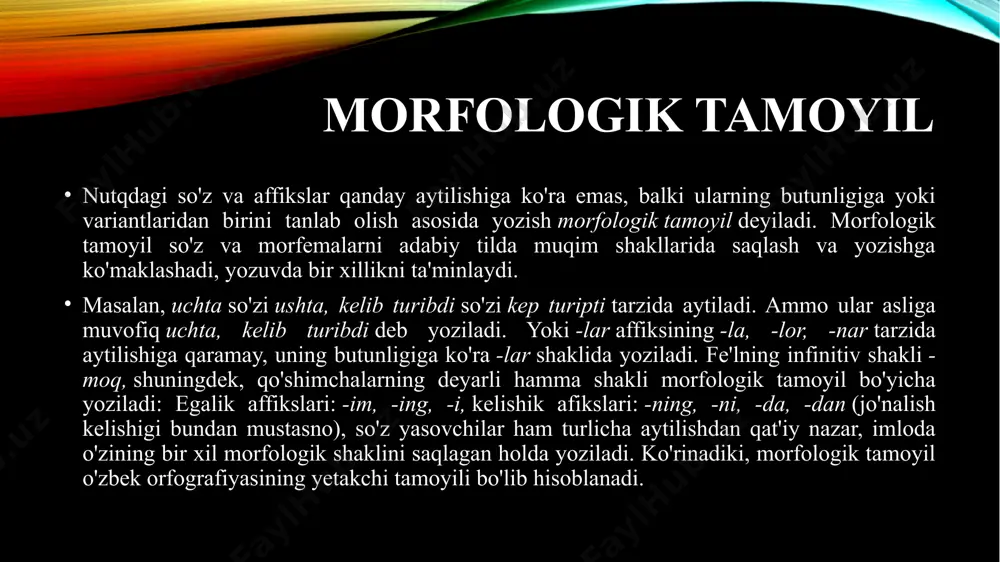 nlarining bir butunligini tashkil qiladi. bu o’zbek tili pungtuatsiyasining negizidir. o’zbek tili pungtuatsiyasining ikkinchi asosi rus tilining pungtuatsion sistemasidir. bu- o’zbek tilidagi ko’pchilik tinish belgilarining rus tilidan o’zlashganligi, rus tilida pungtuatsiyasining ilmiy va nazariy jihatdan chuqur ishlanganligi, bilan bog’liq. pungtuatsiya prinspi –tinish belgilarining qaysi usul va tartibda qo’llanilishi demakdir. o’zbek tili pungtuatsiyasining prinsplsri quyidagilardir. 1. logikgrammatik tamoyil. bu prinsipda tinish belgilarining qo’llanishi nutqning mazmuni, tuzilishi, intonatsiyasi bilan bog’liq. 2. stilistik tamoyil. bu prinspda tinish belgilarining qo’llanishi nutq stili bilan aloqador bo’ladi. 3. differentsiya tamoyil. bu prinspda tinish belgilarining qo’llanishi yozuv texnikasi (formasi) ni aniqlash (differentsiya qilish) bilan bog’liq. tinish belgilarining qo’sh qo’llanish sistemasi (masalan boshida yoki oxirida ikki qo’shtirnoqning barobar qo’llanishi) ham shu prinspga a’loqador. foydalanilgan adabiyotlar o’zbek tili (universitet va pedagogika institutlari uchun) qayta ishlangan 2-nashr t. “o’zbekiston” 1992 y. a.nurmatov va boshqalar. o’zbek tilining nazariy sintaksisi t. r.rasulov. so’z valentligi va sintaktik a’loqa “o’zbek tili va adabiyoti” jurnali …