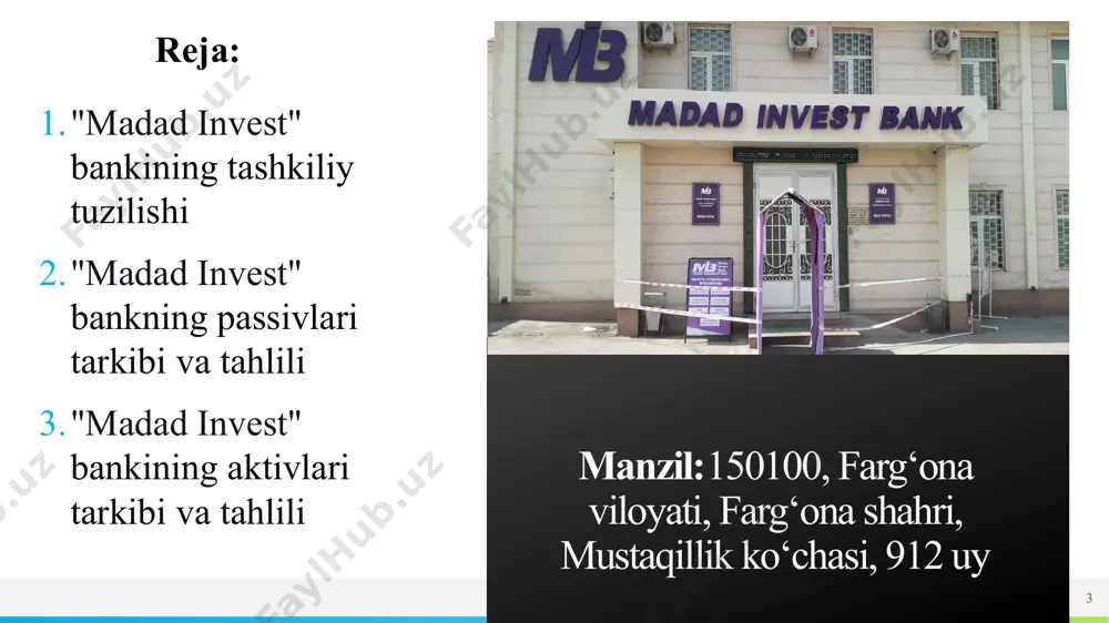 monitoring hamda nazoratni amalga oshiradi; xalqaro valyuta fondining o‘zbekiston respublikasi valyutasidagi mablag‘lari depozitariysi hisoblanadi, operatsiyalarni va bitimlarni, shu jumladan o‘zbekiston respublikasining xalqaro shartnomalarida nazarda tutilgan operatsiyalar va bitimlarni amalga oshiradi; kredit tashkilotlari xizmatlari iste’molchilari huquqlari va qonuniy manfaatlari himoya qilinishini ta’minlash, moliyaviy xizmatlarning ochiqligini hamda aholi va tadbirkorlik sub’ektlarining moliyaviy savodxonligi darajasini oshirish choralarini ko‘radi; o‘zbekiston respublikasining xalqaro zaxiralarini, shu jumladan kelishuvga ko‘ra o‘zbekiston respublikasi hukumatining zaxiralarini boshqarishni, hisobga olishni va saqlashni amalga oshiradi. имя или логотип 8 qadriyatlar burch – bu markaziy bankda ishlashning naqadar muhimligini anglash va markaziy bankning strategik maqsadlarini tushunib etgan holda birgalikda baham ko‘rish; markaziy bankda ishlash – bu jamiyatga va davlatga xizmat qilishlikni anglash; markaziy bank o‘z strategik maqsadlariga erishishida daxldorlik hissi; burch – bu o‘z ishiga innovatsiyalarni, ya’ni yangilanishlarni kirita bilish qobiliyati burchni amalga oshirish uchun to‘xtovsiz rivojlanish, o‘z ustida ishlash va kamolotga etish tushiniladi. 9 имя или логотип 9 mas’uliyat 10 mas’uliyat …