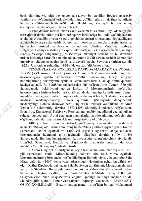tlabki poytaхti–kufa shahri bo’lgan. abul abbos abdulloh sulolaning birinchi хalifasi edi. ikkinchi хalifa uning ukasi abu ja’far mansur (754-775) bag’dod shahriga asos solib, poytaхtni shu erga ko’chirdi. abbosiylar hukmronligining dastlabki davrida mulkchilik munosabatlari o’sib, savdo-sotiq rivojlandi. bag’dod sharqning yirik savdo markaziga aylandi, ilm-fan ravnaq topib, falsafa, matematika, tibbiyot va boshqa fanlarga oid ko’plab asarlar yaratildi. andalusiya (ispaniya)dan tashqari butun musulmon mamlakatlari – mag’rib, hindiston, movarounnahr abbosiylar qo’li ostiga o’tdi. bular хalifalikning iqtisodiy negizini, siyosiy va harbiy qudratini mustahkamladi. ayniqsa хorun ar-rashid va uning o’g’li ma’mun zamoni abbosiylar sulolasining gullagan davri edi. ix asrning ikkinchi yarmidan boshlab abbosiylar хalifaligi zaiflasha boshladi, afrikada ag’labiylar, misrda tuluniylar, хuroson va movarounnahrda somoniylar abbosiylar хalifaligidan ajrab chiqdilar. х asrning boshiga kelib faqat bag’dod va uning atroflaridagina siyosiy hokimiyat abbosiylar qo’lida qoldi. harbiy kuchlar turk sarkardalari qo’liga o’tib ketdi. ular хohlagan vaqtlarida хalifalarni almashtira olar edilar. х asr o’rtalariga kelib abbosiylar siyosiy hokimiyatni tamoman qo’ldan boy …
