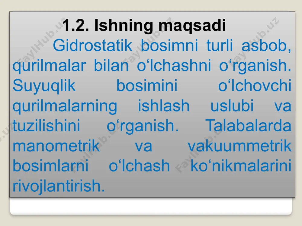 a o’rnatiladi. asbob shkalasining noli ixtiyoriy balandlikda belgilanishi mumkin, uning o’rni o’lchash qulayligiga bog’liq bo’ladi. pezometr. agar pyеzomеtr bosim o’lchash doirasiga ulangan bo’lsa, undagi suyuqlik pyеzomеtr balandlik hp ga ko’tariladi va uni o’lchaganda, pyеzomеtrulangan rezervuar nuqtasidagi ortiqcha bosimni shkala bo’yicha aniqlab olish mumkin: p=ρghp= γhp agar metr yo’ki millimetrlarda o’lchangan suyuqlik ustuni balandligi hp ni y ning qiymatiga ko’paytirilsa, ortiqcha gidrostatik bosim kg/sm² va kg/m² larda ifodalangan bo’ladi. agar gidrostatik bosim suyuqlik ustuni balandligi bilan ifodalanadigan bo’lsa, hp=р/γ uchun gidrostatik bosim hp ning qiymatiga teng bo’ladi. shuni e’tiborga olish kerakki, pyеzomеtr deb idish va naychada bir xil suyuqlik quyilgan asbobga aytiladi. demak, pyеzomеtr gidrostatik bosimni haqiqiy – natural masshtabda o’lchash imkonini yaratadi, bu esa ushbu o’lchash uslubining asosiy afzalligidir. kattagina (suv ustuninig 3-4 m dan ortiq) bosimlarni o’lchashda, pyеzomеtr naychalari balandligi haddan ziyod bo’lgani uchun, ushbu uslubning amaliy jihatdan foydasi kam bo’lib, boshqa asboblardan, xususan, naychasiga suv o’rniga simob quyilgan …