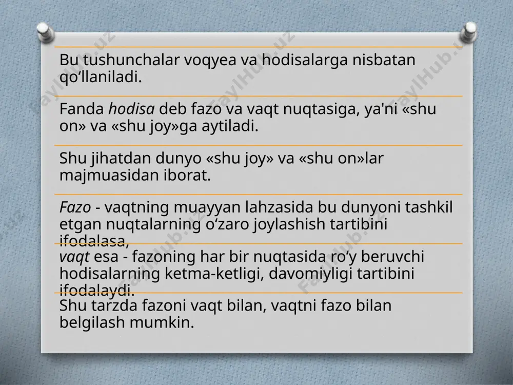 lariga aloqador bo‘lgan fizik, ximiyaviy, geologik, biologik, fiziologik, ijtimoiy (sotsiologik), psixologik fazo va vaqt haqidagi konsepsiyalar ham yaratilmoqda. bunday konsepsiyalarda olamning tuzilishi jihatdan xilma-xilligi va birligi, ko‘p qirraliligi va cheksizligi, murakkabligi va nihoyasizligi asoslanmoqda. xx asr oxiri va x1x asrning boshlarida nazariy fizika, topologiya, chiziqli algebra, kvant fizikasi, qora tuynuklar fizikasi, relyativistik kosmologiya fanlarining rivojlanishi fazo va vaqt haqidagi tasavvurlarni jiddiy o‘zgartirdi. ayniqsa, konseptual fazo (vaqt)ni informatsion texnologiya vositalarida modellashtirish yo‘llari osonlashgach, fazo va vaqtning turli-tuman modellarini tadqiq etish imkoniyatiga keng yo‘l ochildi. bu tadqiqotlar olamdagi yagona, eng umumiy, universal va fundamental aloqadorlik - bu fazo - vaqt aloqadorligidir deb xulosa chiqarishga to‘liq asos berdi. miloddan avvalgi 1500 yili misrda quyosh soatlari ixtiro qilindi. zamonlar osha 1686 yilga kelib esa ingliz fizigi isaak nyutonning "natural falsafaning matematik ibtidosi" asari chop etildi. asarning e'tiborli tomoni shundaki, unda olim ilk marotaba absolyut vaqt va absolyut makon haqidagi tushunchalarga batafsil izoh berdi, ularni …