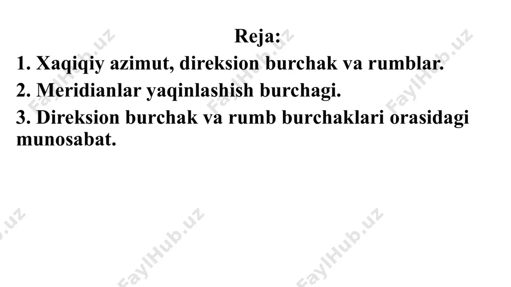 llel bo`lmaganligi sababli, bu nuqtalardagi azimutlar bir – biriga teng bo`lmaydi, ya`ni: a1 ≠ a2 , ana shu sababli, 2 – chi nuqtadagi azimutni aniqlash qiyin bo’ladi, shuning uchun ham, bu yerda azimut o`rniga direksion burchakdan foydalaniladi va u “α” harfi bilan belgilanadi direksion burchak deb, zonaning o`q meridiani yoki unga parallel bo`lgan chiziqning shimoliy uchidan, soat strel`kasi yo`nalishi bo`yicha chiziqqacha o`lchanadigan bo`rchakka aytiladi, u 00 dan 3600 gacha bo`ladi. direksion burchak ham azimut singari to`g`ri va teskari bo`ladi. teskari direksion burchak to`g`ri direksion burchakdan 1800 ga farq qiladi, ya`ni: α1 = α + 1800 ; haqiqiy azimut, magnit azimuti va direksion burchak boshlang’ich yo’nalishning shimoliy tomonidan boshlab soat strelkasi yo’nalishi bo’yicha 00 dan 3600 gacha o’lchanadi. haqiqiy azimut bilan magnit azimuti, δ – burchakka, haqiqiy azimut bilan direksion burchak, γ – burchakka farq qiladi rumb. berilgan chiziq o`tgan o`q meridianining shimol yoki janub uchidan chiziq yo`nalishigacha bo`lgan o`tkir burchakka …
