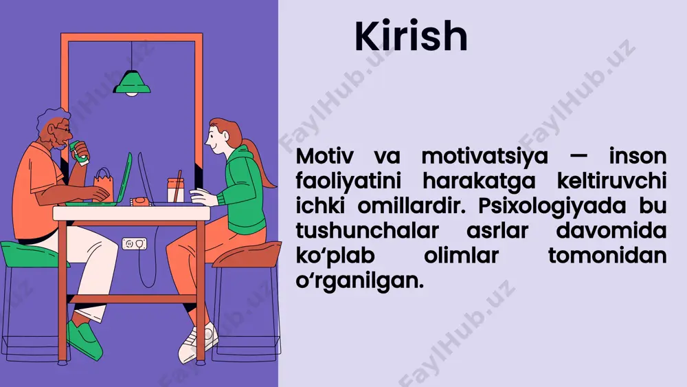 os bo‘lib xizmat qiladi. har bir nazariya motivatsiyaning ayrim jihatlarini yoritadi, ammo ularning barchasi insonni faoliyatga undovchi ichki va tashqi omillarni tushunishga yordam beradi. foydalanilgan adabiyotlar: абраменкова в.в. психология мотивации: теория и практика. – москва: изд-во «академия», 2003. хекхаузен х. мотивация и деятельность: учебник. – спб.: питер, 2003. зинченко в.п., мещеряков б.г., братусь б.с. основы психологии. – м.: академия, 2000. юнг к.г. психологические типы. – м.: академический проект, 1997. robbins s. p., judge t. a. organizational behavior. – pearson education, 2019. deci e.l., ryan r.m. intrinsic motivation and self-determination in human behavior. – springer, 1985. maslow a. motivation and personality. – harper and row, 1954. freud s. the interpretation of dreams. – basic books, 2010 (original 1900). vroom v. h. work and motivation. – jossey-bass publishers, 1995. макклелланд д. мотивация человека. – спб.: питер, 2007. image9.png image10.svg image1.png image2.png image3.png image4.svg image5.png image6.svg image7.png image8.svg image11.png image12.svg image13.png image14.svg image15.png …