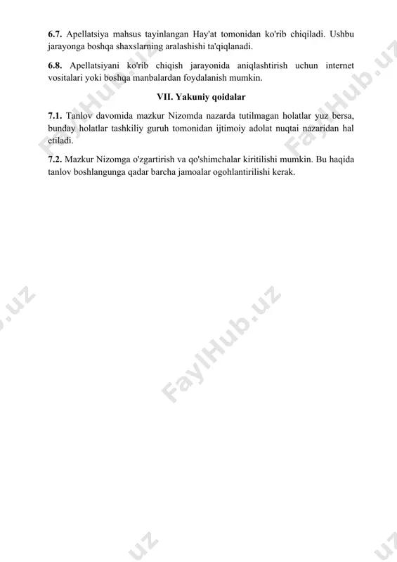 oydalanish mumkin. vii. yakuniy qoidalar 7.1. tanlov davomida mazkur nizomda nazarda tutilmagan holatlar yuz bersa, bunday holatlar tashkiliy guruh tomonidan ijtimoiy adolat nuqtai nazaridan hal etiladi. 7.2. mazkur nizomga o'zgartirish va qo'shimchalar kiritilishi mumkin. bu haqida tanlov boshlangunga qadar barcha jamoalar ogohlantirilishi kerak. 1-ilova (ma’lumotnoma shakli) ma’lumotnoma “konstitutsiya bilimdonlari” tanlovida _________(jamoa) nomidan quyidagi tarkibdagi jamoa ishtirok tishini ma`lum qilaman. jamoa sardori_________ n f.i.ish kim sifatida qatnashadi fakultet guruh telefon raqami 1 jamoa sardori 2 jamoa a`zosi 3 jamoa a`zosi 4 jamoa a`zosi 5 jamoa a`zosi 6 jamoa a`zosi 7 jamoa a`zosi jamoa to’g’risidagi ma’lumotlarni @murodjon_nabijonov telegram manziliga yuborishingiz lozim.