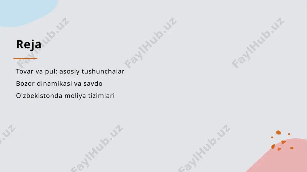 ida talab va taklifning o'zaro ta'siri muhimdir. talab – iste'molchilarning mahsulotga bo'lgan ehtiyoji, taklif esa ishlab chiqaruvchilarning mahsulotni taqdim etish qobiliyatidir. 2 narx belgilash - narxlar talab va taklifga asoslangan holda belgilanadi. talab oshganda, narxlar ko'tariladi; taklif ko'payganda, narxlar pasayadi, bu bozordagi muvozanatni ta'minlaydi. 3 raqobat va sifat - raqobat bozor dinamikasini kuchaytiradi. raqobatdagi kompaniyalar sifatni oshirish va narxlarni raqobatbardosh saqlashga majbur, bu esa iste'molchiga foyda keltiradi. 4 o'zbekiston misoli - o'zbekistonda ichki savdoda talab va taklif o'rtasidagi muvozanat iqtisodiyotning barqarorligini ta'minlaydi. misol uchun, paxta va meva-sabzavot savdosida bu jarayon aniq ko'rinadi. savdo yo'nalishlari: o'zbekistonda ichki va tashqi savdo. 01 ichki savdo o'zbekistonda ichki savdo iqtisodiyotni rivojlantirishda muhim rol o'ynaydi, bu yerdagi bozorlar va savdo tarmoqlari mamlakatning iqtisodiy barqarorligini ta'minlaydi. 02 tashqi savdo tashqi savdo o'zbekistonning global iqtisodiyotga integratsiyasini ta'minlaydi, eksport va import jarayonlari mamlakatning valyuta siyosatiga ta'sir ko'rsatadi. 03 savdo yo'nalishlari o'zbekistonda savdo yo'nalishlari asosan paxta, oziq-ovqat mahsulotlari va …