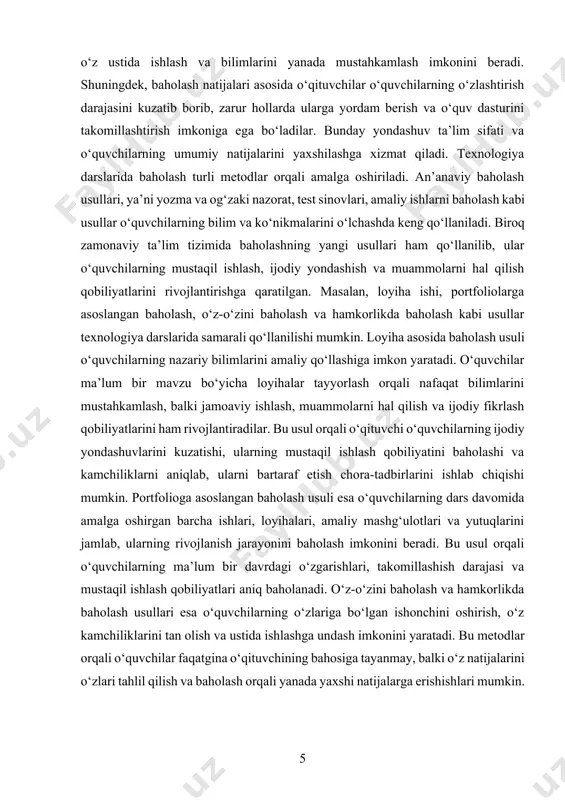 t o‘quvchilarning o‘zlashtirish darajasini aniqlash, balki ularning bilim olishga bo‘lgan qiziqishini oshirish, ta’lim sifati va pedagogik jarayonning samaradorligini ta’minlash vazifasini ham bajaradi. ayniqsa, texnologiya fanida baholash tizimining aniq va samarali bo‘lishi muhim ahamiyat kasb etadi, chunki bu fan o‘quvchilarning nazariy bilimlarini amaliy mashg‘ulotlar bilan bog‘liq holda rivojlantirishni talab qiladi. baholash jarayoni texnologiya darslarida o‘quvchilarning o‘zlashtirish darajasini aniqlash va ularning rivojlanishiga ko‘maklashish uchun muhim vosita bo‘lib xizmat qiladi. o‘qituvchi baholash orqali o‘quvchilarning qaysi bilim va ko‘nikmalarga ega ekanligini aniqlaydi, qaysi jihatlarda ularga qo‘shimcha yordam zarurligini tushunadi. bu esa ta’lim jarayonini individual tarzda tashkil etish va har bir o‘quvchining imkoniyatlaridan kelib chiqib yondashish imkonini yaratadi. shu bilan birga, samarali baholash tizimi o‘quvchilarning o‘z-o‘zini rivojlantirishga bo‘lgan intilishlarini rag‘batlantiradi va ularni faol o‘rganishga undaydi. texnologiya fanida baholash nafaqat nazariy bilimlarni, balki amaliy mashg‘ulotlarda egallangan ko‘nikmalarni ham o‘lchash uchun zarurdir. chunki texnologiya fani o‘quvchilarning ijodiy fikrlashini rivojlantirish, muammolarni hal qilish qobiliyatini shakllantirish hamda kasbiy yo‘nalishlarini …