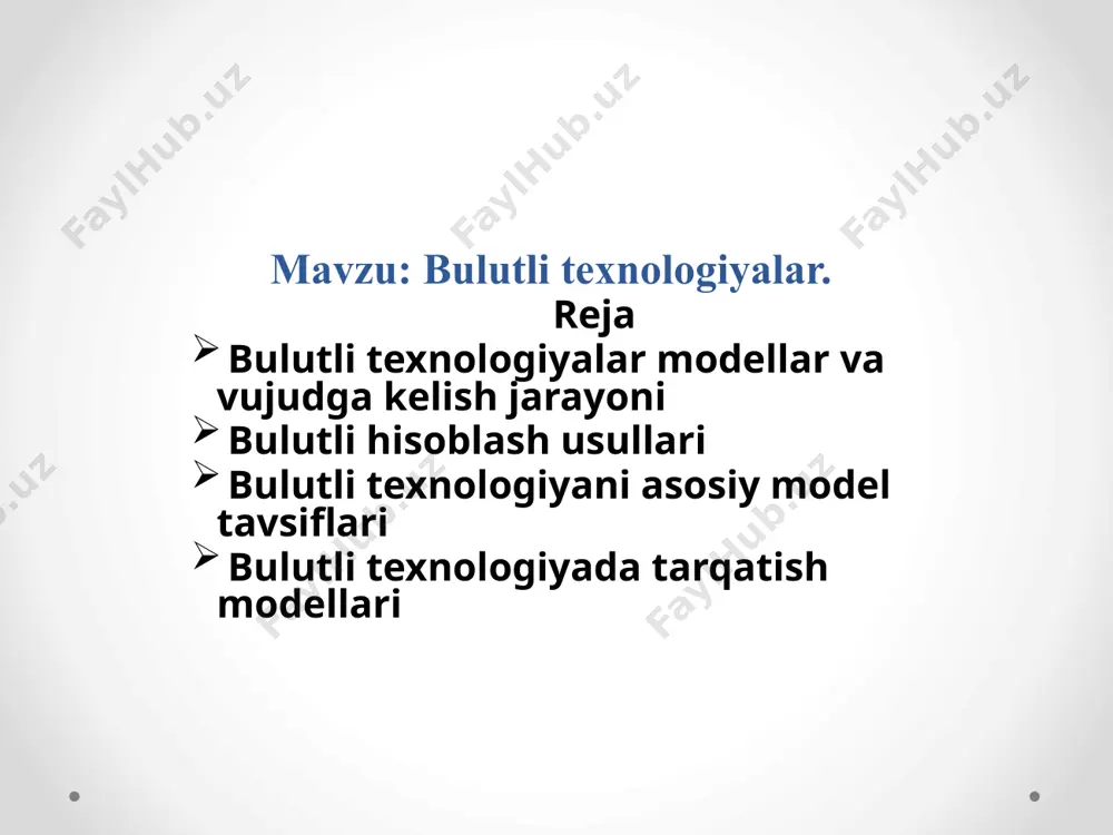blashlarning yuzaga kelishida “virtualizatsiya” texnologiyalarining ahamiyati juda katta hisoblanadi. bulut - at- infratuzilma tashkilotlarining innavatsion modeli (konsepsiya) xisoblanib, u alohida ajratilgan va taqsimlangan konfiguratsiyalangan apparat va tarmoq resurslaridan, dasturiy ta’minotdan tashkil topgan va ular masofadagi provayderlarni ma’lumotlar markazida yotadi. model yagona puldagi tarmoqdan qulay va bir vaqtning o’zida konfiguratsiyalangan hisoblash resurslaridan birgalikda foydalanish imkoniyatini yaratadi (misol uchun, tarmoqlar, serverlar,ma’lumotlar bazasi, ilovalar va servislar) shu bilan birga minimal boshqarishda ham oparativ va erkin ishlash imkoniyatini taqdim etadi. bulutning bu modeli 5 ta asosiy harakteristika, 3 ta servis model va 4 ta taqdimlash modellaridan iborat. bulutli hisoblash bulutli texnologiyani asosiy model tavsiflari tarmoqdan keng holda foydalana olish. hisoblash kuchi imkoniyatlari tarmoqda standart mexanizimlar orqali katta masofada foydalana olish mumkin. har - xil turdagi (yupqa - qalin) mijoz platformasidan (terminal qurilmalar) keng qamrovda foydalanish imkonini beradi. resurslarni birlashtirish. konfiguratsiyalangan provayder hisoblash resurslarini yagona xovuzga birlashtirish orqali ko’p sonli foydalanuvchilar resurslardan birgalikda foydalanish imkoniyatiga …