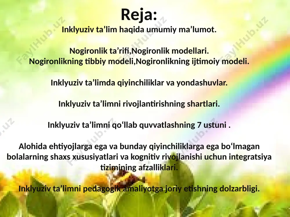 umumta’lim muassasalari tarkibiga qamrab olinishi jahon miqyosida “inklyuziv” yoki “integratsion” ta’lim atamalari bilan ataladi. ya’ni millati, irqi, tanasining rangi, ijtimoiy kelib chiqishi, oilasining jamiyatda tutgan o‘rni, manbai, moddiy va ma’naviy axvoli, jismoniy yoki ruhiy rivojlanishida kamchiligi bo‘lishidan qatiy nazar barcha bolalarni teng ko‘rish, ulardagi har qanday imkoniyatni qadrlash, rivojlantirishni ko‘zda tutadigan ta’limdir. inklyuziv ta’lim umumta’lim jarayonini rivojlantiradi va barcha bolalarga mos bo‘lgan ta’limni joriy qiladi. imkoniyati cheklangan bolalar ta’lim olishiga oid qo‘shimcha moslamalarni tashkil qilib bolalarni ta’lim olishiga qulay sharoit yaratadi. inklyuziv ta’lim har xil extiyojli bolalarning ta’lim olishiga qaratilgan metodologiyani rivojlantirishga xarakat qiladi. inklyuziv ta’lim turli extiyojlarni qondirishga qaratilgan ixcham turdagi dars berishga yondashadigan ta’limni ishlab chiqishni amalga oshiradi. agarda inklyuziv ta’limni tadbiq etishda dars berish, o‘qitish bir muncha samarali va unumli bo‘lsa unda nafaqat imkoniyati cheklangan bolalar balki barcha bolalar yutadi. inklyuziv ta’lim maktablari bolalarning bilim olish uchun shaxsiy huquqlarini himoyalaydi (vaholangki ular uqitilmasa ham). bunday yondashuv diskriminatsiyani …