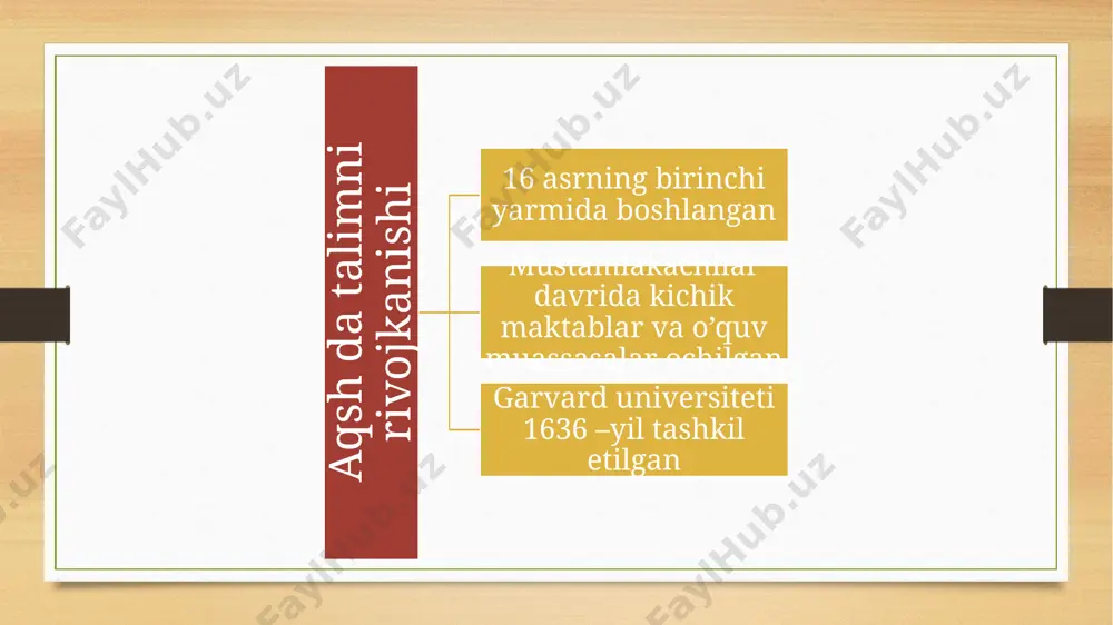 ini o'rgatgan progressiv ta'lim oqimidan kelib chiqdi. boshlang'ich maktab bu yerda oʻn bir yoshdan oʻn ikki yoshdan oʻn toʻrt yoshgacha boʻlgan maktab oʻquvchilari tahsil olishadi. har bir o'qituvchifanidan dars beradi. o'quv dasturiga ingliz tili, matematika, ijtimoiy va tabiiy fanlar, jismoniy tarbiya kiradi. shuningdek, bolalar mustaqil ravishda o'zlari uchun yana bir yoki ikkita sinfni tanlashlari mumkin: qoida tariqasida, bular san'at, xorijiy tillar va texnologiyalar sohasidagi fanlardir. o'rta maktabda o'quvchilar oqimlarga bo'linishni boshlaydilar: oddiy va ilg'or. yaxshi o'qigan bolalar "faxriy" sinflarga boradilar, ularda barcha materiallar tezroq bajariladi va o'rganish uchun talablar kuchayadi. biroq, amerika qo'shma shtatlarida bunday maktab ta'limi hozir tanqid qilinmoqda: ko'pchilik mutaxassislarning fikricha, yaxshi o'qigan va qoloq o'quvchilarning bir-biridan ajralishi ikkinchisiga yetib borishiga turtki bermaydi. oliy maktab bu oʻrta taʼlimning soʻnggi bosqichi, jumladan, 9-12-sinflardagi taʼlim. o'rta maktabda o'quvchilarga o'qish uchun fan tanlashda ko'proq erkinlik beriladi. bitiruv uchun maktab kengashi tomonidan minimal talablar qo‘yiladi. oliy maktab mamlakatda 4,5 mingga yaqin oliy …