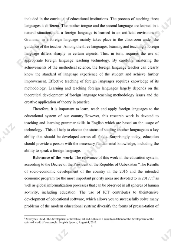 and teaching methods, etc. the relevance of the application of information and communication technologies, namely, multimedia appli-cations to the educational and methodological complex, is dictated by the pedagogical needs to improve the effectiveness of teaching foreign languages in primary school, the need to develop skills for independent learning ac-tivities, a creative approach to learning, and the formation of critical thinking in schoolchildren.[footnoteref:3] [2: mirziyoev sh.m. the development of literature, art and culture is a solid foundation for the development of the spiritual world of our people. people's speech, august 4, 2017.] [3: the president of the republic of uzbekistan sh. m. mirziyoyev’s report in extended meeting of ministers legal office on january 16, 2017. newspaper “xalq so’zi”, number-11, january 16, 2017, pages-1-2-3-4. ] tоpiсаlitу оf thе rеsеаrсh. the rapid advancement of educational technologies, such as artificial intelligence, virtual/augmented reality, and adaptive learning platforms, is constantly expanding the possibilities for technology-enhanced …