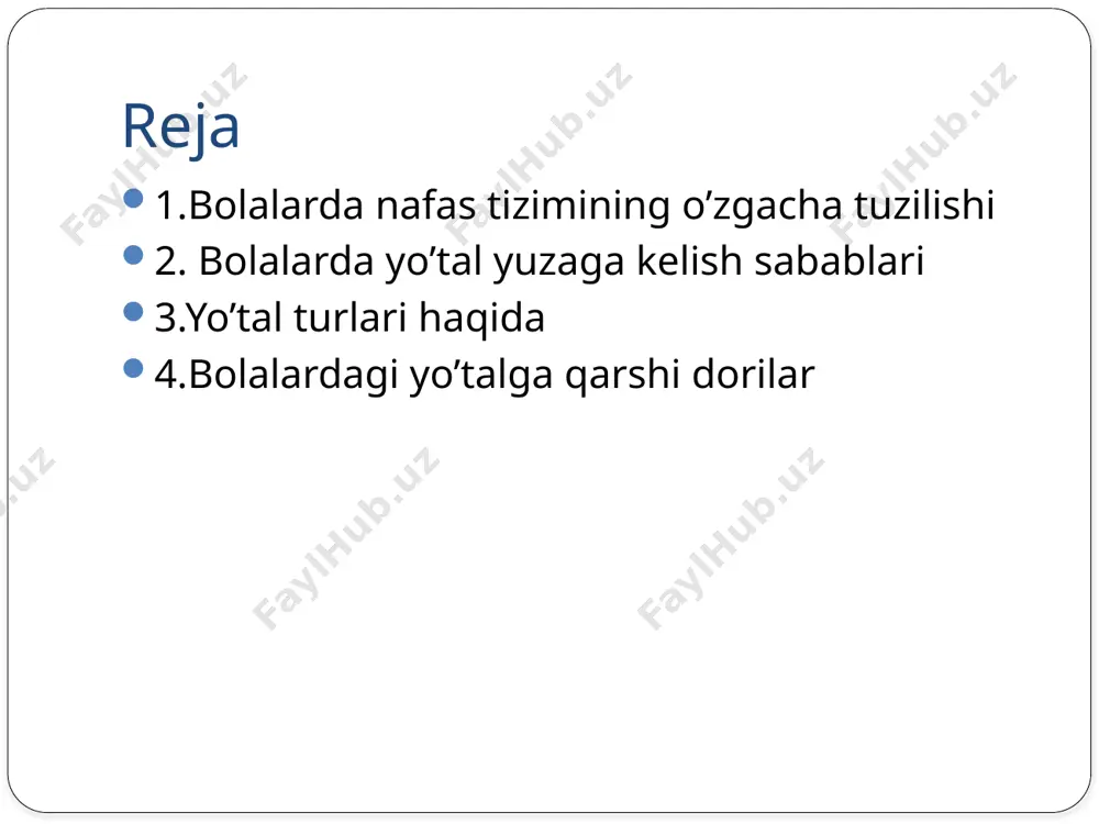 ular ishlab chiqargan suyuqlik kekirdak sathini shilliq suyuqlik bilan ta’minlaydi. bronxlar yetarlicha rivojlanmagan, tog’aylari yumshoq, muskul va elastik tolalari kuchsiz rivojlangan, shilliq qavat qon tomirlarga boy. epiteley hujayralari ishlab chiqargan shilliq harakatlanib, yot jismlar, mikroblarni o’rab oladi va bakteriotsid xususiyatlarga ega. o’pkalar yangi tug’ilgan chaqaloqlarda 50-60-gr bo’lib, 6 oylikda 2 marta, 1 yoshda 3 martaga ortadi. o’pkaning hajmi ortishi alveolalar hajmining ortishi bilan kechadi. chaqaloqlarda o’pka havosi kam havoli va qon-tomirlarga boy, atsinus to’qimasi nozik bo’lganligidan emfizema tez rivojlanadi plevra chaqaloqlarda va ko’krak yoshidagi bolalarda juda yupqa, chuqur nafas olganda va plevra oralig’ida suyuqlik yig’ilganda o’z o’rnidan oson qo’zg’aladi. plevra bo’shlig’iga suyuqlik yig’ilsa koks oralig’idagi organlarni:yurak va pastki kovak venani o’rnidan oson qo’zg’atadi. shuning uchun bolalarda plevrasida yig’ilgan suyuqlik qon aylanish sistemasini tez qo’zg’atadi. yo’tal — organizmning o’ziga xos bo’lmagan himoya reaktsiyasidir. uning vazifasi nafas olish yo’llarini balg’am, chang yoki yot narsalardan tozalashdir. agar yo’tal kuzatilsa, kishi birinchi navbatda nafas …