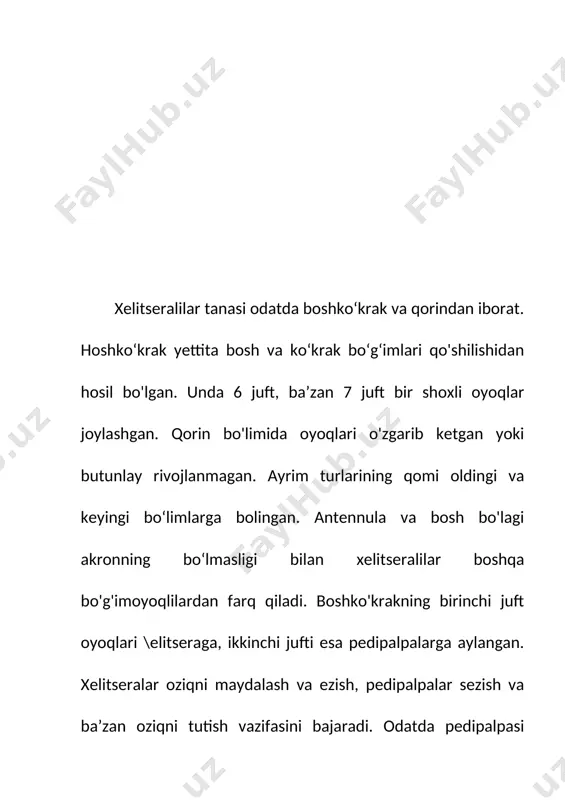 proteinli epikutikula bilati qoplangan. shu sababdan o'rgimchaksimonlar eng quruq joylarda ham yashay oladi. chayon va o'rgimchaklarnmg zahar bezlari. o rgimchaklar, soxta chayonlar va ayrim kanalarning o'rgimchak bezlari teri epiteliysidan hosil bo'ladi hazm qilish sistemasi. 0 ‘rgimchaksimonlar ichagining oldingi lialqum bo‘limi muskulli soiuvchi keng oshqozonni hosil qiladi (133- lasm). oshqozon suyuq oziqni so‘rib olish uchun xizmat qiladi. ozig‘i ichakdan tashqarida hazm boiadi. oldingi ichakka bir juft so'lak bezlari yoii ochiladi. so‘lak va jigar suyuqligi oqsil moddalarni parchalash xususiyatiga ega. 0 ‘rgimchaksimonlar tutilgan oijani oidirib, uning tanasiga solagini to'kadi. soiak ta’sirida oljaning to'qimalari parchalanib, suyuq holga keladi. ular suyuq oziqni so rib oladi. 0 ‘rta ichakning oldingi qismi uzun yon o'simtalami hosil qiladi. bu o'simtalar ichak hajmini va uning so‘rish yuzasini kengaytiradi. ichak l>o‘shlig‘iga bir juft hazm qilish bezi - jigar yoii ochiladi. jigar hazm chayonlar (scorpiones) turkumi. chayonlarning tanasi yaxlit boshko‘krak va ko‘p bo'g'imli qorindan iborat. pedipalpasi qisqichga avlangan. qorin bo‘limi …