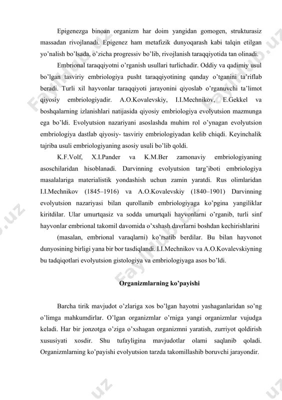 shaganlaridan sо’ng о’limga mahkumdirlar. о’lgan organizmlar о’rniga yangi organizmlar vujudga keladi. har bir jonzotga о’ziga о’xshagan organizmni yaratish, zurriyot qoldirish xususiyati xosdir. shu tufayligina mavjudotlar olami saqlanib qoladi. organizmlarning kо’payishi evolyutsion tarzda takomillashib boruvchi jarayondir. jonzotlar turli usulda kо’payadi, ularning barchasini jinssiz va jinsiy kо’payish xiliga bо’lish mumkin. jinssiz kо’payish. jinssiz kо’payish eng sodda, evolyutsiya jarayonidagi ilk bor kо’payish usulidir. bu usul bilan kо’payishda bitta organizm ishtirok etadi. shu organizm о’z avlodlariga barcha xususiyatlarini deyarli о’zgarmagan holda о’tkazadi. jinssiz kо’payishning bо’linish, endogoniya, shizogoniya, kurtaklanish, sporogoniya, vegetativ kо’payish xillari farqlanadi. kо’payishning bо’linish usuli bir hujayrali jonzotlarga xosdir. bо’linish usulidagi kо’payish organizmning mitoz yо’li bilan kо’payishidir. bо’linish natijasida hosil bо’lgan ikki avlod (hujayra) о’rtasida genetik axborot va ichki tuzilmalar tengma-teng taqsimlanadi. hosila organizm (hujayra) о’sadi va qayta bо’linishga tayyorlanib, sо’ng yangi organizmni yaratadi. endogoniya – bu organizm (hujayra) ning alohida ichki kurtaklanishi bо’lib, ona hujayrada ikkita qiz organizm hosil bо’ladi, ya’ni bir …