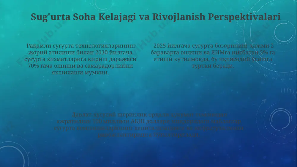 arning narxi sug'urta miqdoriga va yoshga bog'liq. sug'urta tovon pulingni olish tartibi sug'urta kompaniyasiga 30 kun ichida to'liq hujjatlar to'plamini taqdim etish, shu jumladan, shikastlanish to'g'risidagi akt va tibbiy xulosani taqdim etish zarur. agar sug'urta kompaniyasi tovon pulini to'lashdan bosh tortsa, sug'urta oluvchi sudga murojaat qilish huquqiga ega bo'lib, unda 5000 dan 10000 aqsh dollarigacha miqdorda jarima undirishi mumkin. tovon pulini olish muddati, odatda, da'vo qilingan kundan boshlab 15-30 kunni tashkil etadi, lekin ba'zi hollarda bu muddat uzaytirilishi mumkin. o'zbekistondagi sug'urta bozori umumiy ko'rinishi oʻzbekistondagi sugʻurta bozorida 20 dan ortiq sugʻurta kompaniyalari faoliyat yuritmoqda, ulardan 10 tasi milliy, qolganlari esa xorijiy kompaniyalarning filiallari hisoblanadi. 2022 yilda sugʻurta toʻlovlari hajmi taxminan 2 trillion soʻmni tashkil etdi, bu oʻtgan yilga nisbatan 15% ga oʻsishni koʻrsatadi. majburiy sugʻurta turlarining ulushi, masalan, avtomobil sugʻurtasi bozorida 60% dan yuqori boʻlib, bozorning sezilarli qismini egallaydi. e'tiboringiz uchun rahmat @taqdimot_robot image3.png
