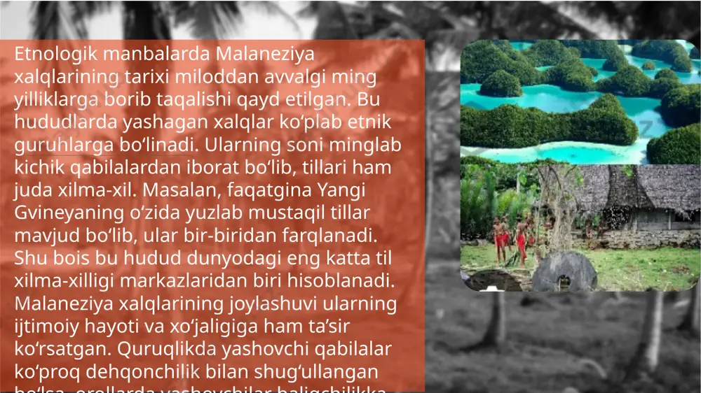 ilik davri va zamonaviy jarayonlar ularning hayotida o‘zgarishlar yasagan bo‘lsa-da, ular hali ham o‘z milliy qadriyatlarini yo‘qotmagan. bugungi kunda malaneziya xalqlarining an’anaviy xo‘jaligi, san’ati va urf-odatlari nafaqat etnologlar, balki turizm va madaniyatshunoslik sohasi uchun ham katta ahamiyatga ega. shu bois, malaneziya xalqlarining etnologik o‘rganilishi nafaqat ularning o‘z madaniyatini anglash, balki insoniyat madaniy merosini chuqurroq tushunishga xizmat qiladi. etiboringiz uchun raxmat! image2.png image3.png image4.png image1.png /docprops/thumbnail.jpeg