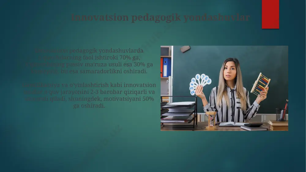 ensiatsiya va individual yondashuv o'quvchilarning 70% dan ortig'i o'zlashtirish darajasini 20% ga oshirishi mumkin, bu esa ta'lim sifatini sezilarli darajada yaxshilaydi. baholash va taqdimot taqdimotda vizual vositalar (rasmlar, jadvallar, diagrammalar) dan 20% dan kam bo‘lmagan foizda foydalanish, ma’lumotlarni tushunarli va yaxshi qabul qilinishiga yordam beradi. baholash jarayonida kamida 3 ta turli baholash usuli (masalan, test, insholar, amaliy topshiriqlar) qo‘llanilishi o‘quvchilarning bilim va ko‘nikmalarini har tomonlama baholash imkonini beradi. o'quvchilarning ehtiyojlarini aniqlash o'quvchilarning bilish darajalarini aniqlashda diagnostik testlar va monitoring natijalarini tahlil qilish orqali 5 ta asosiy bilim bo'shliqlari aniqlanishi va ularni bartaraf etish bo'yicha strategiya ishlab chiqilishi mumkin. o'quvchilarning o'rganish uslublarini aniqlash uchun kamida 3 ta turli baholash usulini (masalan, kuzatish, testlar, so'rovnomalar) qo'llash kerak, bu esa 80% gacha aniqlikni ta'minlaydi. o'quv rejalashtirish o'quv rejasida o'quvchilarning individual ehtiyojlari va qobiliyatlarini inobatga olish, kamida 2 ta farqlanuvchi topshiriqlarni kiritish kerak, bu esa ta'limning samaradorligini oshiradi. samarali o'quv rejalashtirish uchun turli xil …