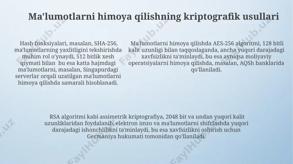 q etishda, 128 bitlik des algoritmining kamchiliklari hisobga olinib, zamonaviyroq va xavfsiz algoritmlarni tanlash, masalan, hindiston va xitoy kabi mamlakatlarda muhim ahamiyatga ega. e'tiboringiz uchun rahmat @taqdimot_robot image4.png image3.jpeg