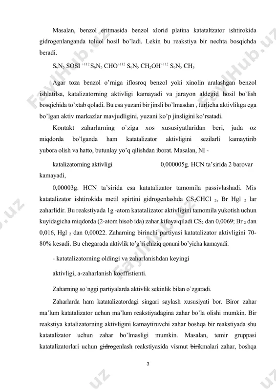 tamomila yo’q qiluvchi zaharlarning miqdori, ba’zan yuzada mono molekulyar qavat hosil qilishga ham etmaydi. aktiv markaz nazariyasiga muvofiq, zaharlanishining asosiy sababi zaharning katatalizatordagi aktiv markazlarga mustaxkam adsorblanib, ular to’planib va katalizator bilan kimyoviy birikmalar hosil qilishidir. shunday ekan zahar bilan katatalizator orasida kimyoviy moillik bor va shuning uchun, zahar katalizatorning aktiv markazlarga juda maxkam adsorblanadi, keyin desorblanmaydi. natijada reagentlar molekulasining zahar ni yoki n chiqarib, aktiv markazlarga o’tirishi juda qiyinlashadi. masalan, zahar so ning ko’p chilik metall katalizatorlarga juda mustaxkam adsorblanishi aniqlandi. g`ovak platinaga adsorblangan 5 sm3 so dan 2500 s da nasos yordamida atigi 0,3 sm3 so ni buglatib chiqarish mumkin bo’lgan. oltingugurt birikmalari bilan ni katalizatorining zaharlanishi nis birikmasini hosil bo`lishidir. ni ning s ga moyilligi shu qadar kuchliki, nikel katalizator oltingugurtni uning istalgan birikmasidan ajratib chiqarib, o`ziga biriktirib oladi. 2.seolitlar ko’p incha katatalizator aktivligi turli qo’shimchalar ta’sirida oshadi. bu qo’shimchaga aktivlovchi /yoki promotor / deyiladi. ma’lum reakstiya …
