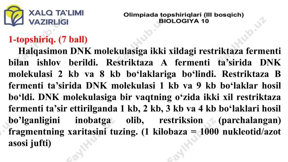 q2. quyidagi shajarani o‘rganib chiqing. a) shajarada aks etgan belgining irsiylanish xilini aniqlang. b) agar individ v-2 kasal odam bilan turmush qursa va mazkur holatda 85% penetratsiya mavjud bo‘lsa, ularning ikkinchi farzandida belgining yuzaga chiqish ehtimolini aniqlang. c) uchinchi avlodda 10 raqami bilan belgilangan individning shajarada olmos shaklda (◊) tasvirlanishi nimani anglatadi? to‘g‘ri javoblar va baholash: a) irsiylanish xili - x jinsiy xromasomaga birikkan dominant belgi. mazkur belgiga ega har bir individning ota-onasi, shu belgiga ega va normal ota-onalar faqat normal avlodlarga ega. bu gen x ga birikkangandir, chunki shu belgiga ega erkaklarning qiz avlodlari hammasi shu belgiga ega, lekin o‘g‘illarda bunday gen uchramagan. belgiga ega ayollar ham belgiga ega o`g`illarni, ham normal qizlarni dunyoga keltirgan. (2 ball) b) v-2 sog‘lom genotipga ega, lekin uning xotini kasal, shuning uchun ayol mutant allelni og`il va qiz avlodlarga 0,5 ehtimollik bilan o`tkazadi. bu birinchi, ikkinchi, uchinchi yoki keyingi bola bo`lishligi belgining irsiylanish …