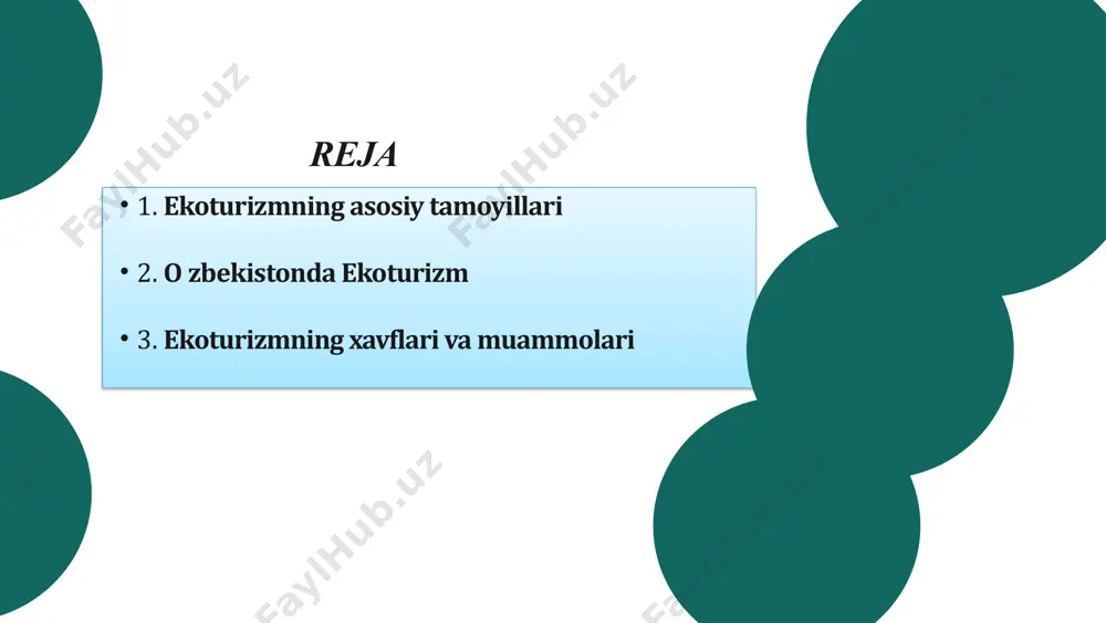 va an’anaviy qishloq hayoti sayohatchilarga keng imkoniyatlar yaratadi. • ustyurt tog‘lari va kyzylkum cho‘llari: bu joylarda o‘rganilmagan va tabiiy boyliklarga boy hududlar mavjud. ekoturizm buralar tabiatni saqlashni rag’batlantiradi. iii. oʻzbekistonda ekoturizm navoiy innovatsiyalar instituti mahalliy aholini qo‘llab-quvvatlash – ekoturizm rivojlanishi mahalliy jamoalar uchun yangi ish o‘rinlari yaratishga va ularning turmush tarzini yaxshilashga yordam berishi mumkin... sh.m.mirziyoyev iv. dunyo miqyosida ekoturizm dunyo bo’ylab ekoturizm so’zi tezda mashhur bo’ldi va o’sha joylarda tabiiy manzaralar, noyob ekosistemalar va biologik xilma-xillikni saqlashga yordam beradi. • costa rica: costa rica, o’zining ajoyib tabiati bilan tanilgan va ekoturizmni rivojlantirishda ilg’or tajribaga ega. mamlakat ekoturizmni milliy strategiyaga kiritgan va bu sohada sezilarli iqtisodiy o’sish ko’rsatkichlariga erishgan. • kenya: kenya yovvoyi tabiatni himoya qilish va ekoturizmni rivojlantirishda katta muvaffaqiyatlarga erishdi. safari turlari va yovvoyi hayotni o’rganish sayohatlari mashhur. • avstraliya: buyuk to‘rttib savannalar va tropik o‘rmonlar avstraliyaning ekoturizm imkoniyatlarini yanada kengaytirdi. mamlakatda tabiiy parklarga tashrif buyurish va ekologik …