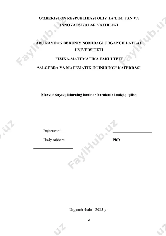 a tahlil qilish 12 noyabr 2024 y- 18 yanvar 2025 y. 2. bitiruv malakaviy ishnining birinchi-uchinchi paragrafini tayyorlash 25 yanvar-8 fevral 2025 y. 3. bitiruv malakaviy ishnining to’rtinchi va beshinchi paragrafini tayyorlash 11 fevraldan-15 mart 2025 y. 4. ikkinchi bob bo‘yicha ma’lumotlarni o‘rganish va tahlil qilish 17 mart-12 aprel 2025 y. 5. bitiruv malakaviy ishning foydalanilgan adabiyotlar ro‘yxatini tuzish 14 aprel-24 may 2025 y. 6. bitiruv malakaviy ishnining loyhasini tayyorlash va kafedra muxokamasidan o‘tkazish 24 may-5 iyun 2025 y. bajaruvchi talaba: ____________________ bitiruv malakaviy ish rahbari: phd ____________________ topshiriqlar rejasi va jadvali kafedraning 2024yil 17 oktyabrdagi №4-majlisida tasdiqlandi kafedra mudiri: phd dots. . abu rayhon beruniy nomidagi urganch davlat universiteti fizika-matematika fakulteti «algebra va matematik injiniring» kafedrasi 60531000-mexanika va matematik modellashtirish ta’lim yoʻnalishi tasdiqlayman fakultet dekani: _______ f.-m.f.n., dots «_____»_____________2025 y. bitiruv malakaviy ish bo‘yicha topshiriq talaba:___________ 1. ishning mavzusi: 03.10. 2024 sanasida universitet rektorining 71-t§2-sonli buyrug‘i bilan tasdiqlangan. 2. …