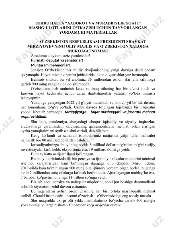‘zbekiston respublikasi prezidenti shavkat mirziyoyevning oliy majlis va o‘zbekiston xalqiga murojaatnomasi assalomu alaykum, aziz yurtdoshlar! hurmatli deputat va senatorlar! muhtaram mehmonlar! jonajon o‘zbekistonimiz milliy rivojlanishning yangi davriga dadil qadam qo‘ymoqda. hayotimizning barcha jabhalarida ulkan o‘zgarishlar yuz bermoqda. behisob shukur, bu yil aholimiz 36 milliondan oshdi. har yili safimizga qariyb 900 ming yangi avlod qo‘shilmoqda. o‘zbekiston deb atalmish katta va inoq oilaning har bir a’zosi tinch va farovon hayot kechirishi uchun zarur shart-sharoitlar yaratish yo‘lida tinimsiz izlanyapmiz. yakuniga yetayotgan 2022-yil g‘oyat murakkab va sinovli yil bo‘ldi, desam, har tomonlama to‘g‘ri bo‘ladi. ushbu davrda to‘plagan tajribamiz bir haqiqatni yaqqol isbotlab bermoqda: taraqqiyotga – faqat mashaqqatli va jasoratli mehnat orqali erishiladi. shu bois, pandemiya, dunyodagi chuqur iqtisodiy va siyosiy inqirozlar, ziddiyatlarga qaramasdan, xalqimizning qahramonlarcha mehnati bilan erishgan ayrim yutuqlarimizni aytib o‘tishni o‘rinli, deb bilaman. keng ko‘lamli va samarali islohotlarimiz natijasida yalpi ichki mahsulot hajmi ilk bor 80 milliard dollardan oshdi. iqtisodiyotimizga shu yilning …