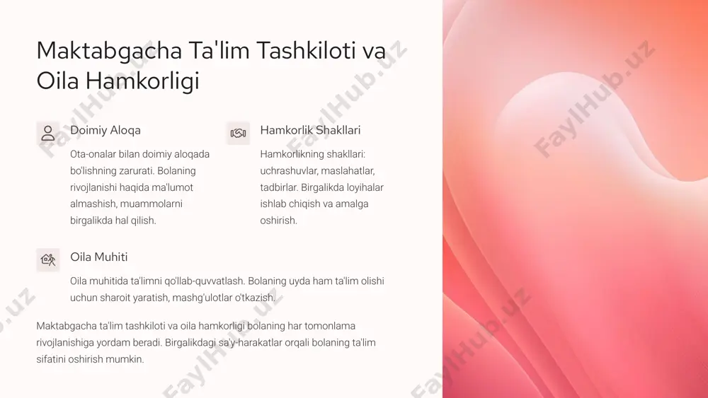 rni tarbiyalashda muhim rol o'ynaydi. bu vositalar bolalarni o'z xalqining madaniyati va an'analari bilan yaqindan tanishtiradi. 6 zamonaviy metodlar va xalq pedagogikasi uyg'unligi 1 muvozanat 2 ilg'or tajriba 3 xalq pedagogikasi xalq pedagogikasining zamonaviy ta'limdagi o'rni beqiyos. ilg'or tajribalarni qo'llash, tarbiyada milliy va umuminsoniy qadriyatlar muvozanatini ta'minlash muhim. zamonaviy metodlar xalq pedagogikasining afzalliklarini to'ldirishi kerak. ta'lim jarayonida interaktiv usullardan foydalanish, bolalarning qiziqishlarini inobatga olish zarur. 7 amaliy tavsiyalar: ota-onalar va tarbiyachilar uchun e'tiborga olish bolalar bilan muloqotda e'tiborga olish kerak bo'lgan jihatlar: hurmat, tushunish, sabr-toqat. uy sharoiti uy sharoitida bolalarning faoliyatini tashkil etish: o'yinlar, mashg'ulotlar, kitob o'qish. hamkorlik yo'llari hamkorlikni mustahkamlash yo'llari: doimiy aloqa, birgalikdagi tadbirlar, loyihalar. ota-onalar va tarbiyachilar bolalarning rivojlanishida muhim rol o'ynaydi. ularning hamkorligi bolalarning kelajakdagi muvaffaqiyatlarining garovidir. 8 muvaffaqiyatli hamkorlik misollari 3 loyiha oila va maktabgacha ta'lim tashkilotining birgalikdagi loyihalari. 5 tadbir ota-onalarning faol ishtiroki bilan o'tkazilgan tadbirlar. 10 oila ijobiy natijalarga erishgan oilalar tajribasi. muvaffaqiyatli …
