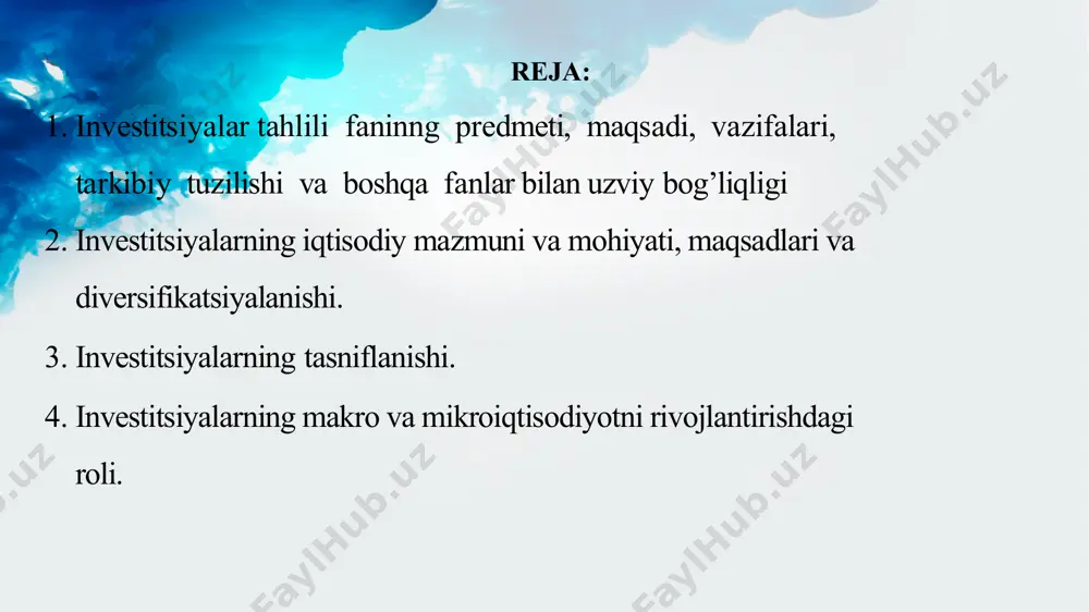 arni hal qilishga xizmat qiladi. jahondagi bevosita investitsiya faol oʻsib bormoqda: 1980-yillar oʻrtalarida jahon boʻyicha umumiy yillik investitsiya hajmi 450 milliard dollarni tashkil qilgan boʻlsa, 1990-yillar oʻrtalariga kelib investitsiya hajmi 2 trillion dollardan oshdi. ҳар бир вилоят бўйича молиялаштиришнинг фоиз нисбатига эътибор қаратадиган бўлсак, хорижий инвестициялар ва кредитларнинг энг катта улуши – вилоятга киритилган инвестициялар умумий ҳажмининг 84,0 фоизи сирдарё вилоятига йўналтирилган. иккинчи ўринда - наманган вилояти (82,7 фоиз), учинчи ўринда - сурхондарё вилояти (80,3 фоиз). хорижий инвестициялар ва кредитларнинг фоизда энг кам ҳажми тошкент шаҳрига тўғри келди – 50,7%. мутлақ кўрсаткичларда энг кўп хорижий молиялаштириш тошкент вилояти (11,3 триллион сўм), наманган вилояти (10,3 триллион сўм) ва тошкент шаҳри (8,6 триллион сўм) томонидан олинган. хорижий инвестициялар ва кредитларнинг энг кам миқдори хоразм вилоятига – 2,4 триллион сўм йўналтирилди. ushbu fanning predmeti milliy iqtisodiyotda tarkibiy o‘zgarishlarni amalga oshirishish va iqtisodiy islohotlarni chuqurlashtirish, investitsiya faoliyatini rivojlantirish, investitsiyalarni moliyalashtirish manbalari, investitsiyalarni jalb etish, …