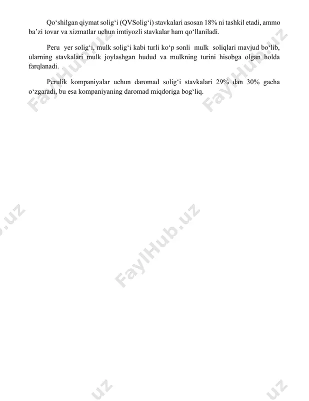 dan 30% gacha o‘zgaradi, bu esa kompaniyaning daromad miqdoriga bog‘liq. 📌xulosa peru qonunchiligi murakkab soliq tizimini o'z ichiga oladi, bu yerda turli soliqlar va to'lovlar mavjud bo'lib, ular korxonalar va shaxslar uchun muhim ahamiyatga ega. soliqlarning samarali boshqaruvi iqtisodiy o'sish va barqarorlik uchun muhimdir. 📚foydalanilgan adabiyotlar 1. peru respublikasining soliq tizimi toʻgʻrisidagi qonun. (peru respublikasi soliq tizimi toʻgʻrisidagi qonuni) 2. peru soliq ma'muriyatining rasmiy veb-sayti. (peru soliq ma'muriyatining rasmiy veb-sayti) 3. sun'iy intellekt va soliqlar: peru tajribasi. (sun'iy intellekt va soliqlar: peru tajribasi) 4
