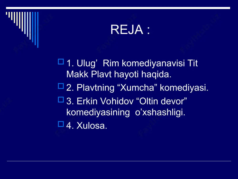 yod chekib turgan cholga duch keladi va uning bezovtaliklarini qizining sharmanda bo’lganligini qizining sharmanda bo’lganligini sezib qolish oqibati gumon qilib, evvkliondan uzr so’rashga oshiqadi: ruhingni parishon etgan u ishni, e’tirof etayin, men qilgan edim. bu gapni eshitgan evklion, uni xumchani o’g’irlagan odam fahmlab, likonidga o’dag’aylab ketadi: o’zganing mulkiga nega tegasan? likonid qisinib- qimtinib iltimosomuz javob qaytaradi: dahl qilibmanmi, u menda qolsin. likonidning “modomiki, men fedra bilan qo’shilgan ekanman ,endi u mening xotinim bo’la qolsin”, degan ma’nodagi gapini , evklion tamoman boshqacha , ya’ni “xumchangni bir karra o’g’irladimmi, endi qaytarib bermayman”, degan tarzda tushinib, yan battarroq tutoqadi. erkin vohidovning “oltin devor” drammasi ham plavtning “xumcha”siga o’xshab ketadi. “oltin devor” drammasida ikki qo’shni o’rtalaridagi devorni buzishmoqchi bo’lishadi vabuzishayotganda devordan bir xumcha oltin topib olishadi. uni bo’lisholmay qiynalishadi.lekin bir xumcha oltin ikkala qo’shniga nasib etmaydi . davlatga topshirishadi erkin vohidov erkin vohidovning “oltin devor” drammasi asosida ishlangan teatr sahna ko’rinishidan fotolavhalar savollar ulug’ …