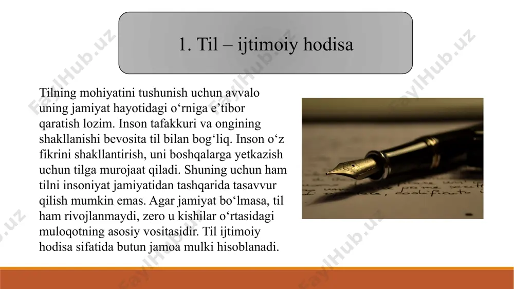 ”, “ta’lim platformasi” kabi yangi semantik doiralarga ega. yoki “tarmoq” so‘zi ilgari faqat transport yoki elektr tarmoqlari uchun qo‘llangan bo‘lsa, endi “ijtimoiy tarmoq”, “kompyuter tarmog‘i” kabi tushunchalarni ifodalaydi. bu jarayon faqat yangi so‘zlarni yaratish bilangina emas, balki tilning mavjud lug‘aviy boyligini qayta semantizatsiya qilish bilan ham kechadi. natijada o‘zbek tilining semantik boyligi tobora kengaymoqda, u zamonaviy jamiyatning barcha ehtiyojlariga moslashib bormoqda. tilning ijtimoiy funksiyalari kengaygani sari, u xalqning madaniyati, tafakkuri va ma’naviy olamini ham boyitadi. e’tiboringgiz uchun raxmat image2.jpeg image3.png image4.png /docprops/thumbnail.jpeg
