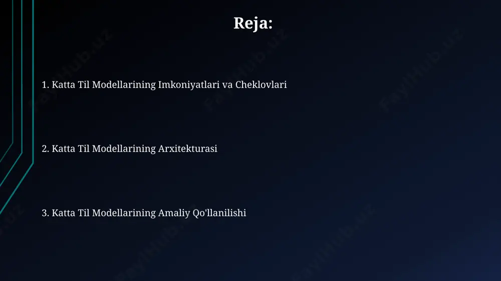 arini tahlil qilish va yangi matnlar yaratish imkonini beradi. 2020-yildan buyon katta til modellari tez rivojlanib, turli xil tillarda, jumladan, oʻzbek tilida ham, yuqori sifatli matnlarni generatsiya qilish imkoniyatini bermoqda, bu esa dunyo boʻylab 100 dan ortiq universitet va tadqiqot markazlarida qoʻllanilmoqda. imkoniyatlar va qo'llanmalar google tomonidan yaratilgan ktmlar, 2024-yilga kelib, toshkentdagi 10 ta yirik kompaniya uchun mijozlar bilan avtomatlashtirilgan suhbatlarni ta'minlash orqali xizmat ko'rsatish sohasini inqilob qiladi. ktmlar, samarqanddagi tarixiy manbalarni tahlil qilish orqali, 15 million so'zdan iborat yangi ma'lumotlar bazasini yaratish va tarixchilarga 1000 yildan ortiq davrni o'rganishda yordam beradi. katta til modellari (ktm) yordamida 2023-yilda o'zbekistonda 500 000 dan ortiq hujjatni tarjima qilish imkoniyati mavjud bo'lib, bu tarjimonlarning ish samaradorligini sezilarli darajada oshiradi. trening ma'lumotlari va jarayonlari modelning aniqligi va samaradorligini oshirish uchun o'qitishda 20 dan ortiq turli til, shu jumladan ingliz, rus va xitoy tillaridagi matnlardan foydalanilgan, natijada global miqyosdagi matn tahlili imkoniyati yuzaga keldi. katta …
