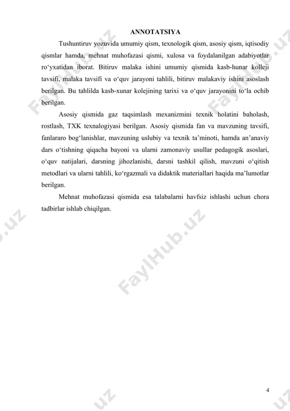 unar ta’limi, ularda faoliyat kо‘rsatuvchi pedagogik kadrlar tayyorlashni rivojlantirishga alohida e’tibor berilmoqda. ta’lim tizimida islohatlarni amalga oshirish uchun yangicha fikrlaydigan, о‘qitishning zamonaviy metodi, shakli va usullaridan samarali foydalana oladigan yuqori malakali pedagogik kadrlar zarur. bо‘lajak pedagoglarni tayyorlashda kasbiy pedagogik malakalarini shakllantirish muhim ahamiyatga ega. oliy ta’lim tizimi ikki bosqichda bakalavr va magistrlar tayyorlaydi. bakalavrni tamomlagandan sо‘ng bitiruvchilar davlat attestatsiyasi yakuniga binoan kasb bо‘yicha «bakalavr» darajasi beriladi. buning uchun talabalar о‘qish davrini yakunida «bitiruv malaka ishi» bajaradilar. respublikamiz iqtisodiyotini kо‘tarishda asosiy tarmoqlardan biri avtomobil transport vositalaridan unumli foydalanish va yonilg‘i tejamkorligini yuqori kо‘rsatkichga kо‘tarishdan iborat. buning uchun transport vositalarining shina va g‘ildiraklarini buzilmasdan tinimsiz ishlashini ta’minlash maqsadga muvofiqdir. bu masalani albatta yuqori malakali mutaxassislar hal qiladi. ta’lim metodi sifatida bо‘lg‘usi mutaxassislarga quyidagini tushuntirishi kerak. qanday va nimaga о‘qitish, qanday ketma-ketlikda va nimaga endi shunday о‘qitiladi, boshqacha emas. u nafaqat metodlarning bilim ta’lim mazmunini, о‘qitilayotgan fanlar majmuasini о‘z ichiga oladi. kasbiy fanlarni …